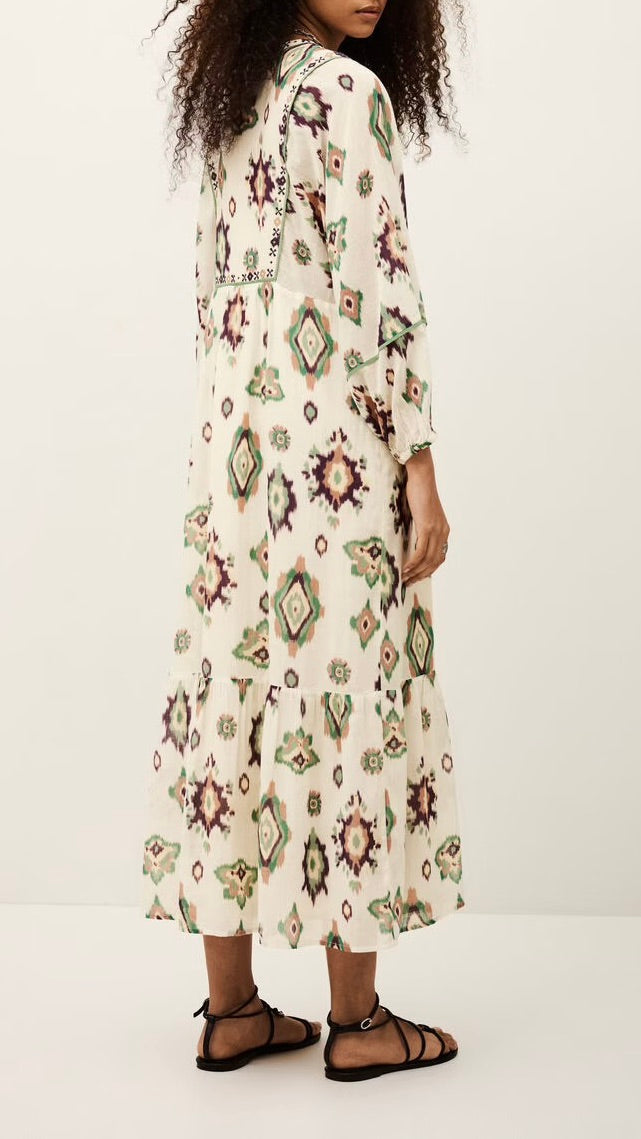 ROBE MIDI COL TUNISIEN  IMPRIME TYE DIE ECRU OELIA BASH 
