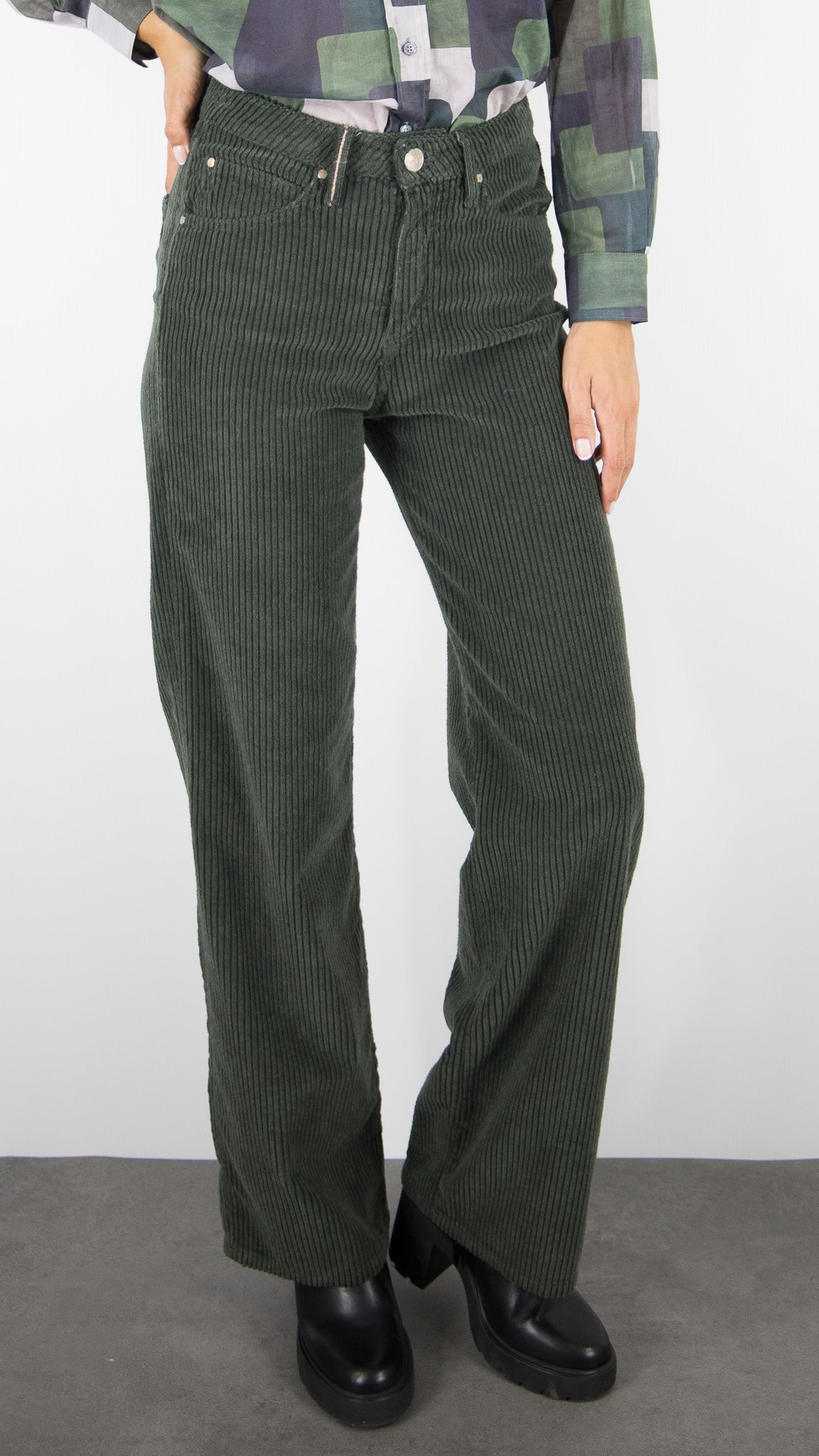 PANTALON LARGE VELOURS COTELE POUR FEMME ISLOW OSCAR CABLE CORD#COLOR_FEUILLE/VERT BOUTEILLE