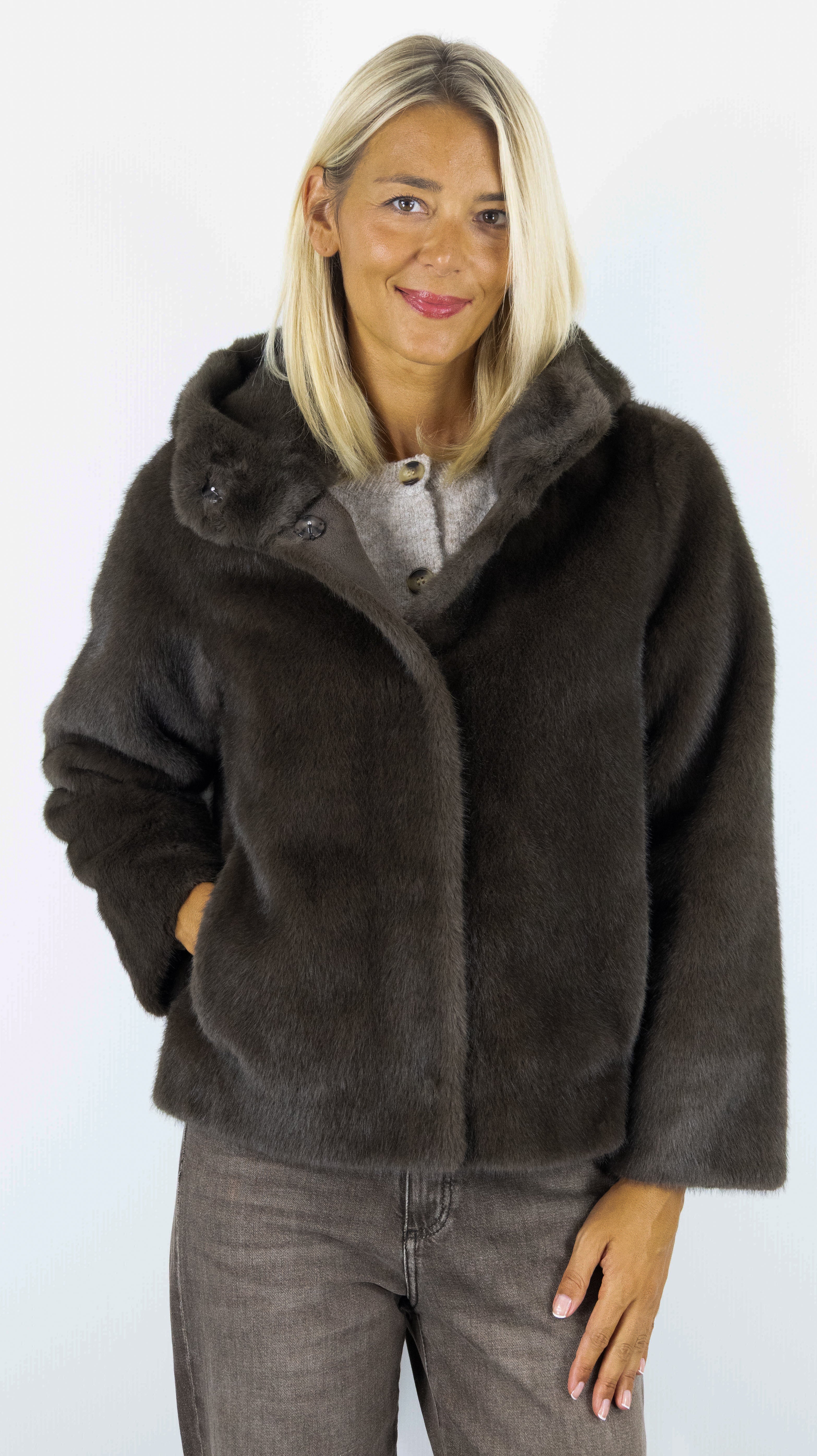 BLOUSON D'HIVER A CAPUCHE EN FAUSSE FOURRURE POUR FEMME GERARD DAREL AGATHE CIGARE CHOCO
