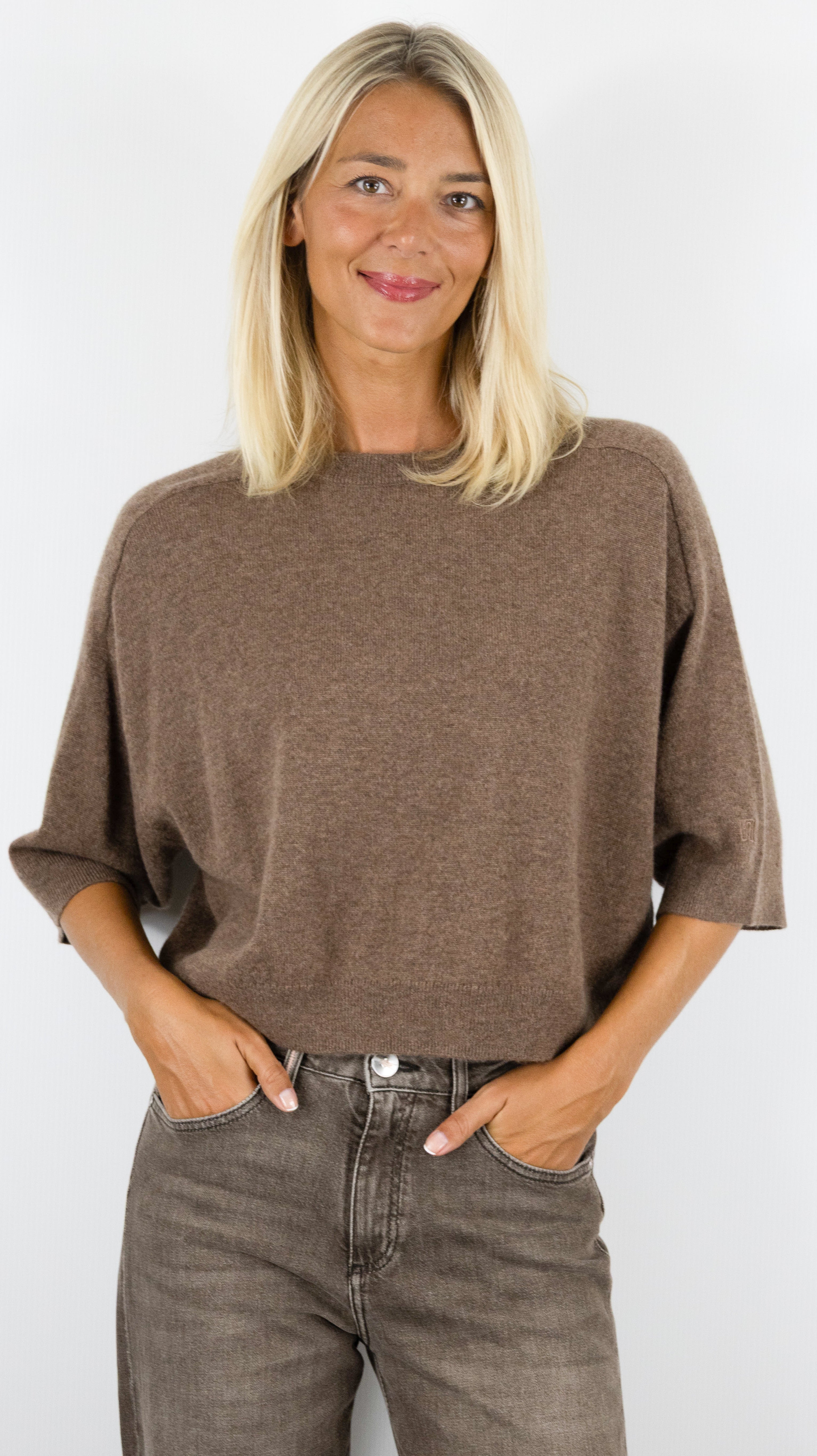 PULL COURT COL ROND MANCHES COURTES FEMME LILOU NOTSHY#COLOR_CAFE AU LAIT 