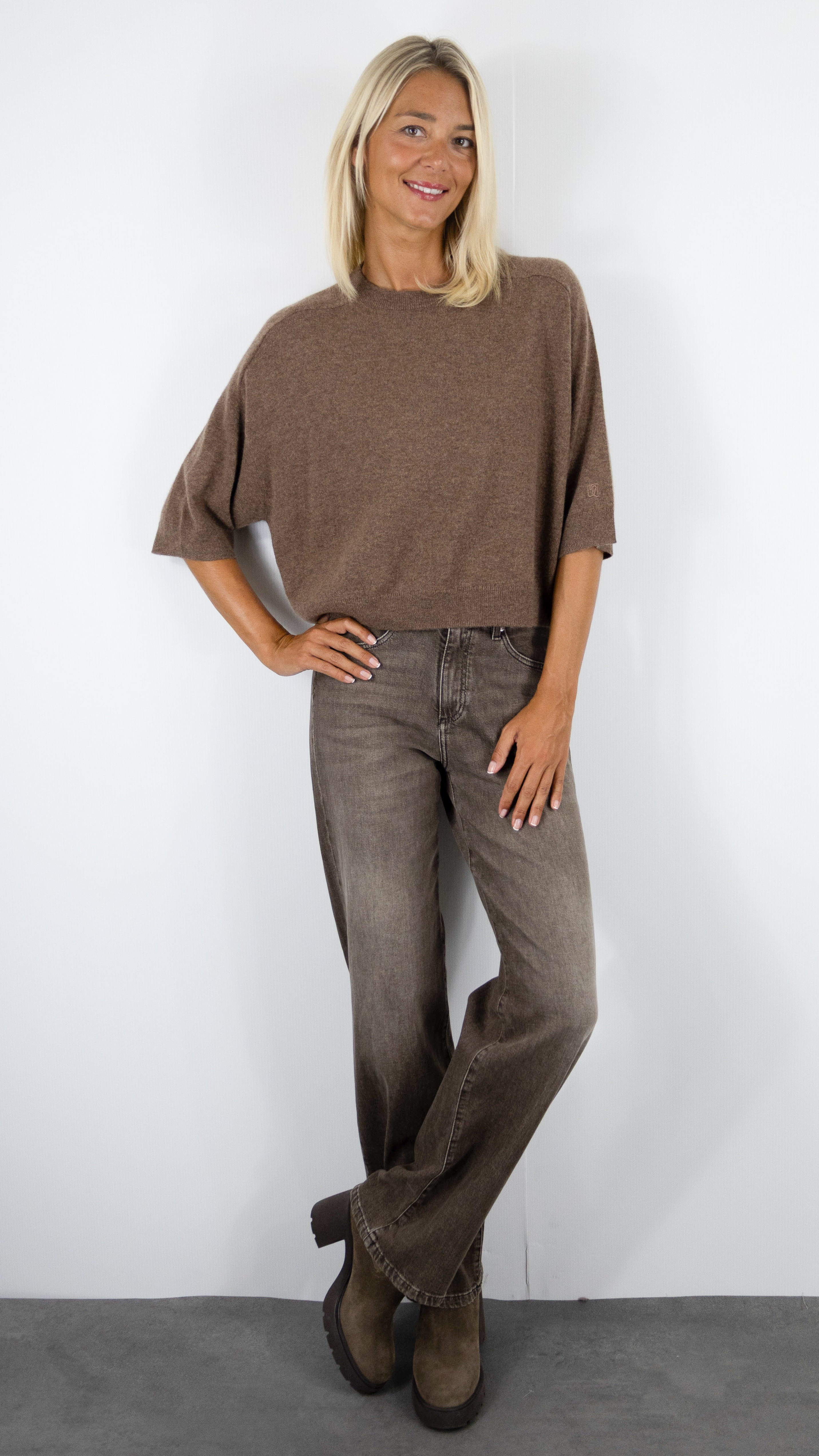 PULL COURT COL ROND MANCHES COURTES FEMME LILOU NOTSHY#COLOR_CAFE AU LAIT 