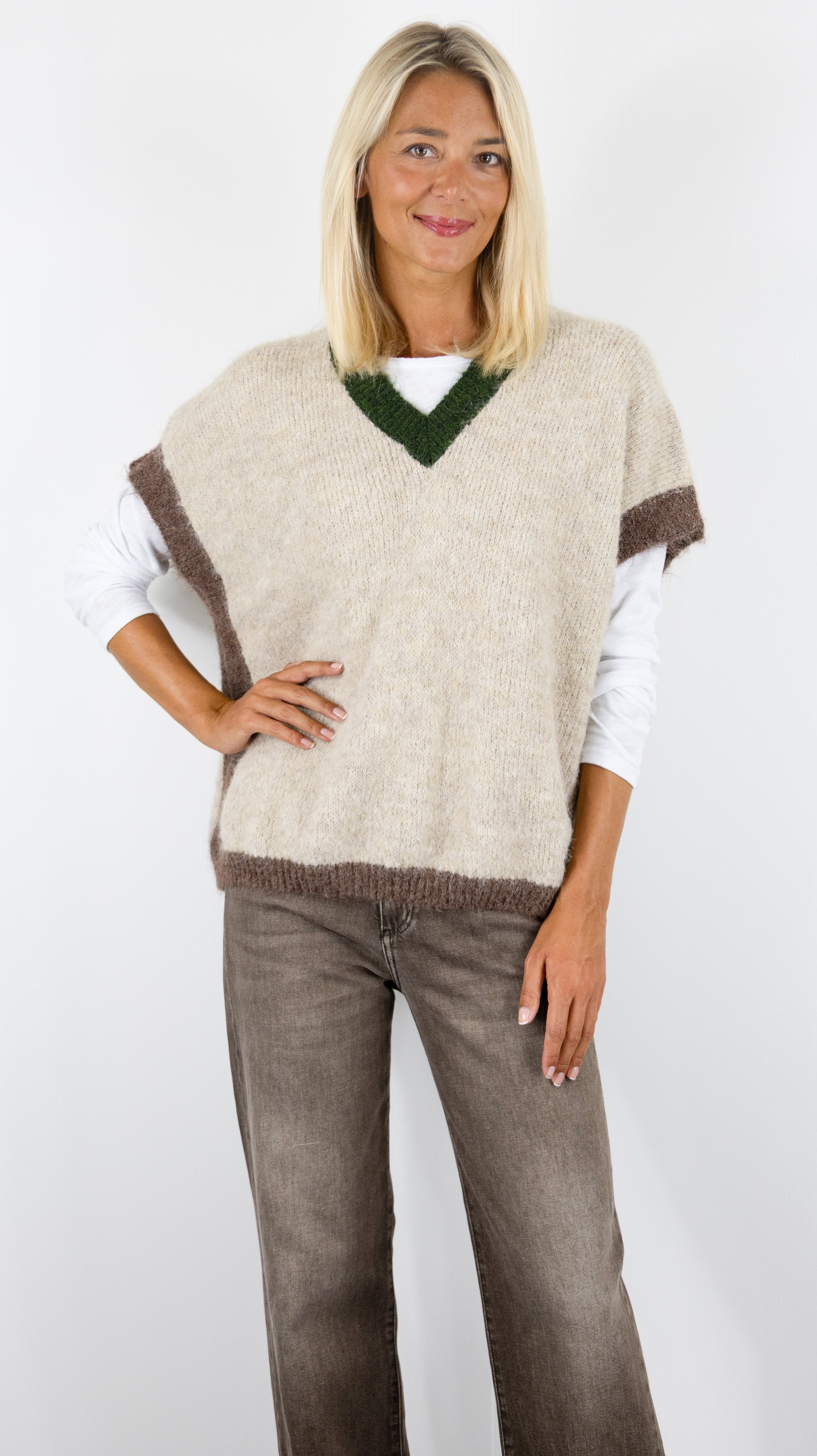 PULL COL V MANCHES COURTES AMPLE PONCHO KAKI CHOCO LUKAP 8264