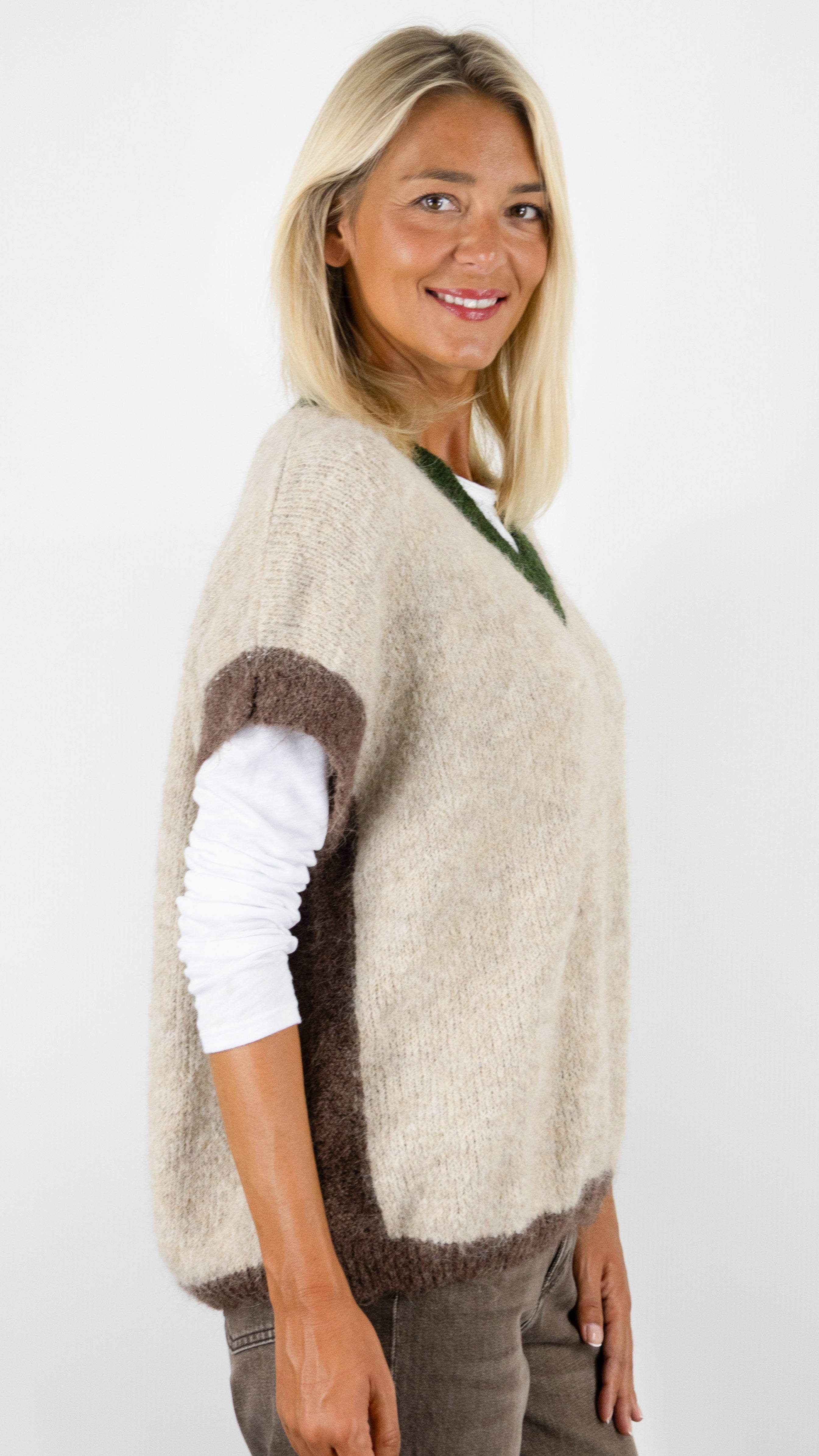 PULL COL V MANCHES COURTES AMPLE PONCHO KAKI CHOCO LUKAP 8264
