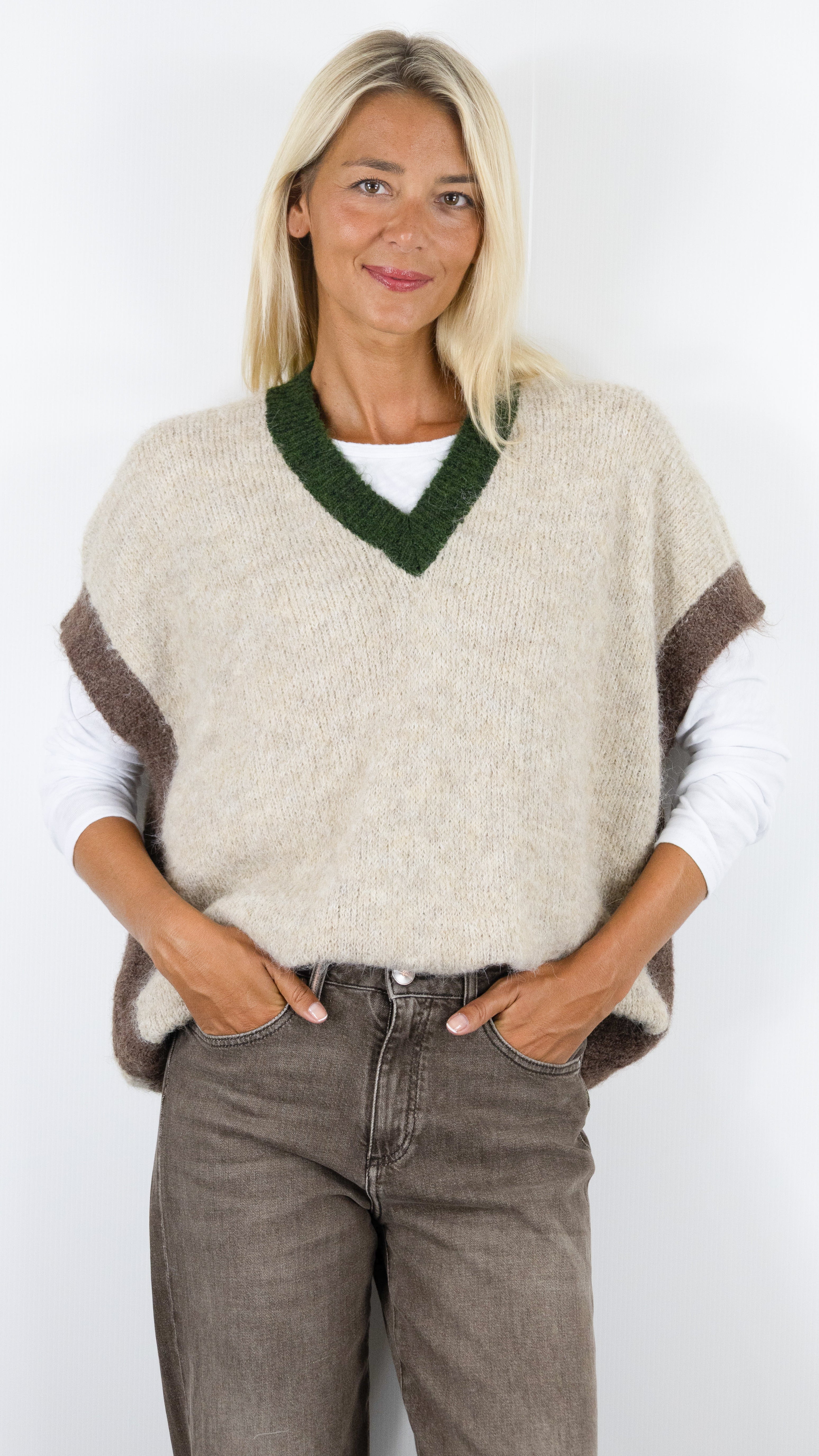 PULL COL V MANCHES COURTES AMPLE PONCHO KAKI CHOCO LUKAP 8264