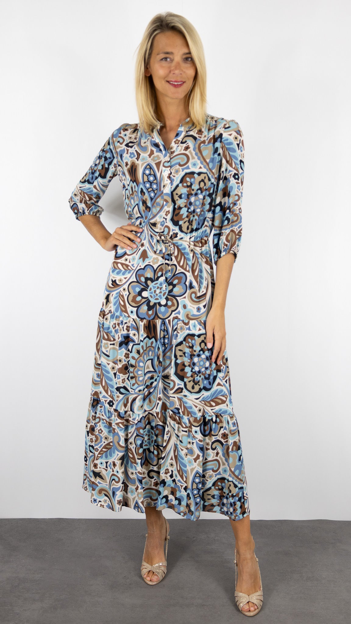 ROBE LONGUE IMPRIME FLORAL BEIGE BLEU GERARD DAREL PIO