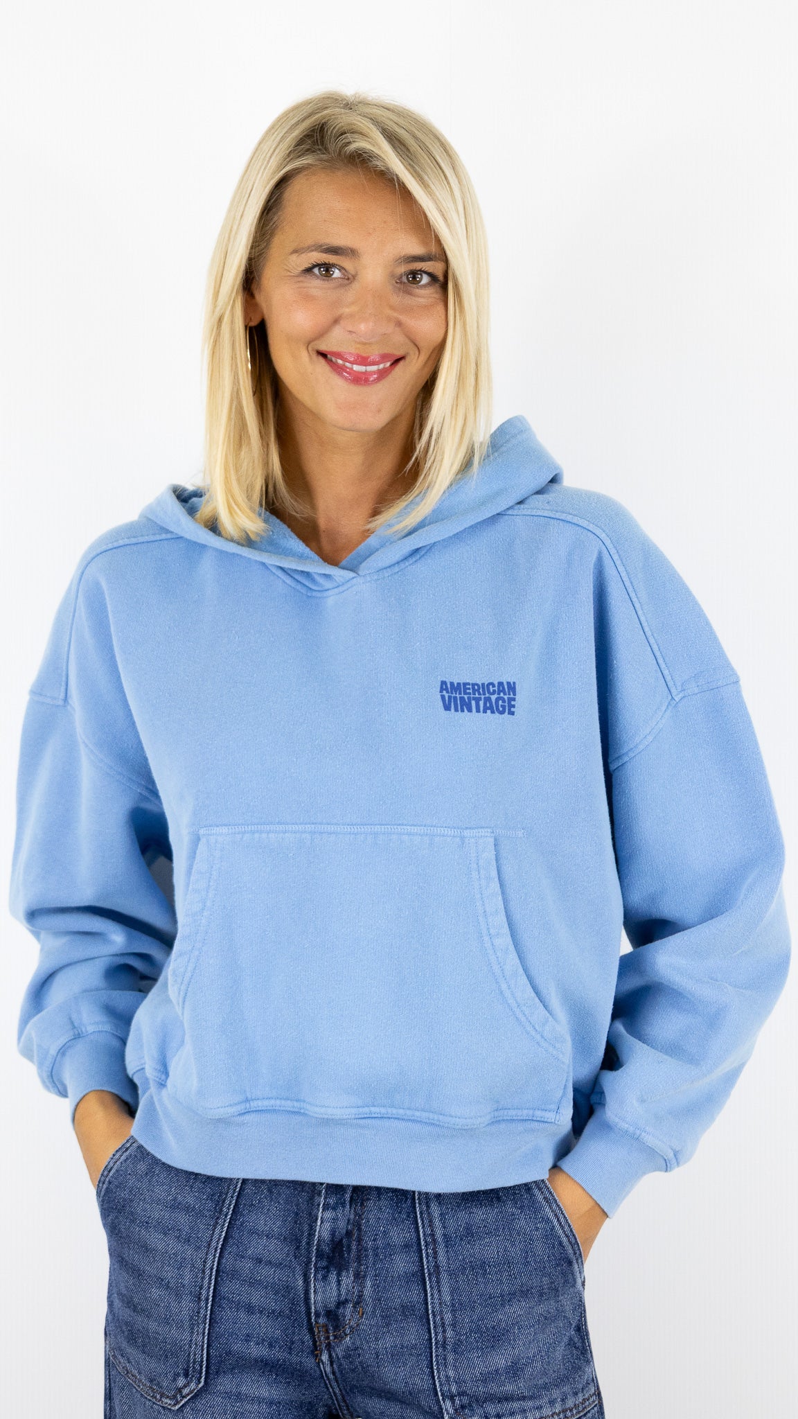 SWEAT AMPLE A CAPUCHE 100% COTON AMERICAN VINTAGE PLIZZY#COLOR_CELESTE/BLEU