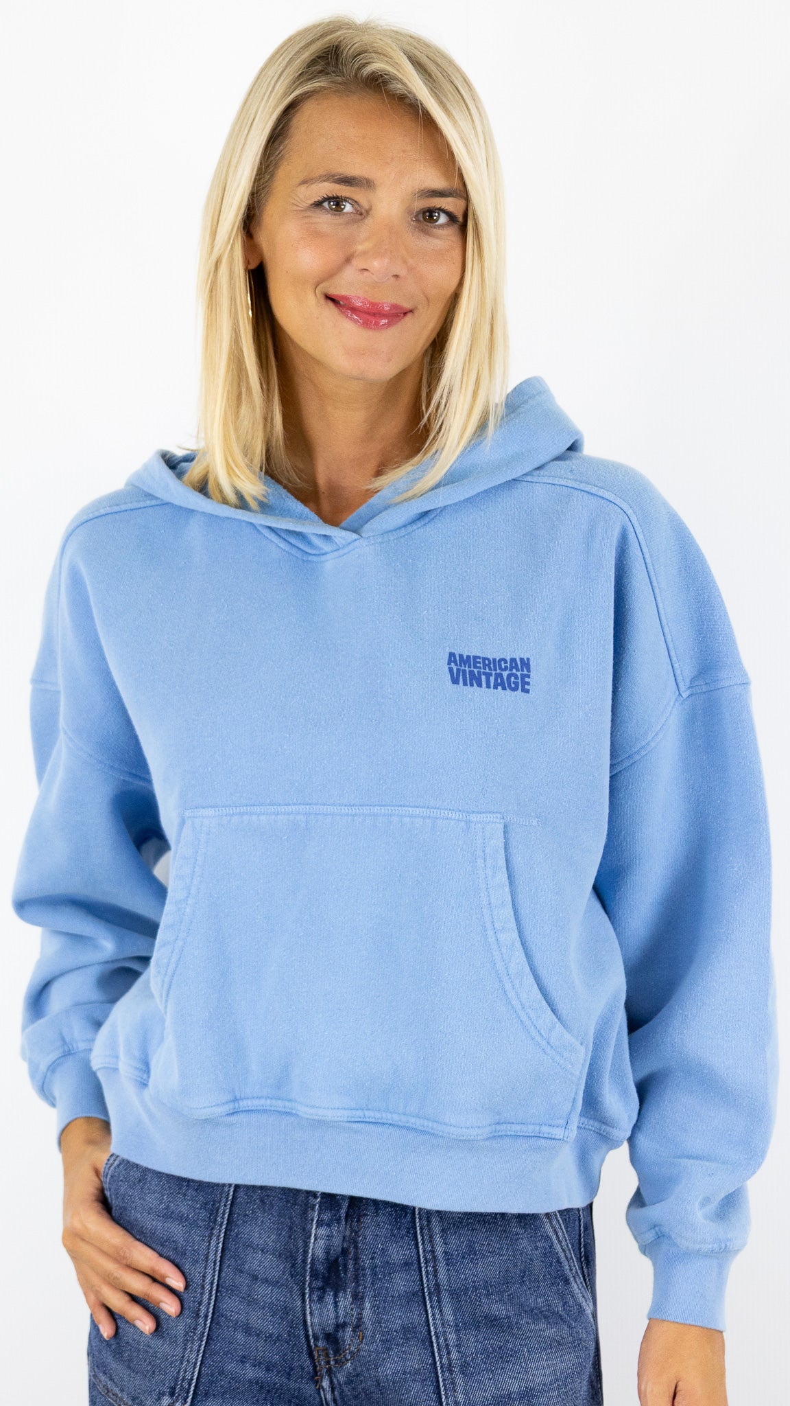 SWEAT AMPLE A CAPUCHE 100% COTON AMERICAN VINTAGE PLIZZY#COLOR_CELESTE/BLEU