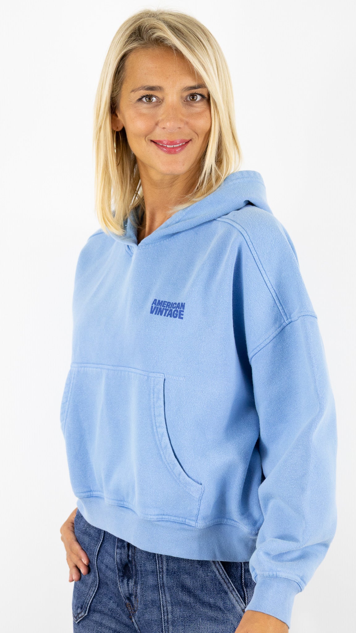 SWEAT AMPLE A CAPUCHE 100% COTON AMERICAN VINTAGE PLIZZY#COLOR_CELESTE/BLEU
