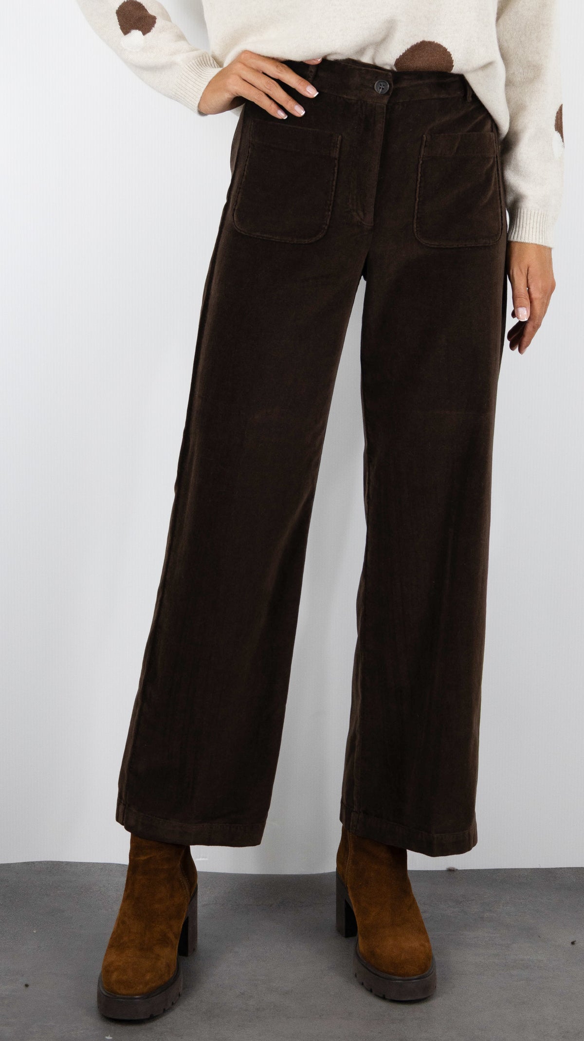 PANTALON LARGE EN VELOURS LISSE MARRON CHOCO POUR FEMME HARTFORD POLI