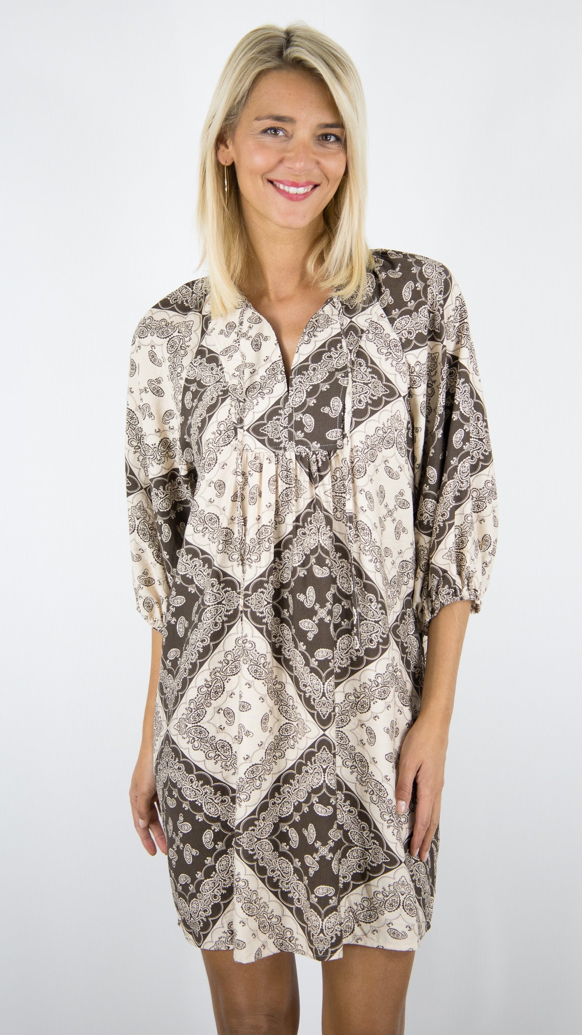 ROBE FLUIDE IMPRIME CACHEMIRE MARRON IN APRIL 1986 R5987 