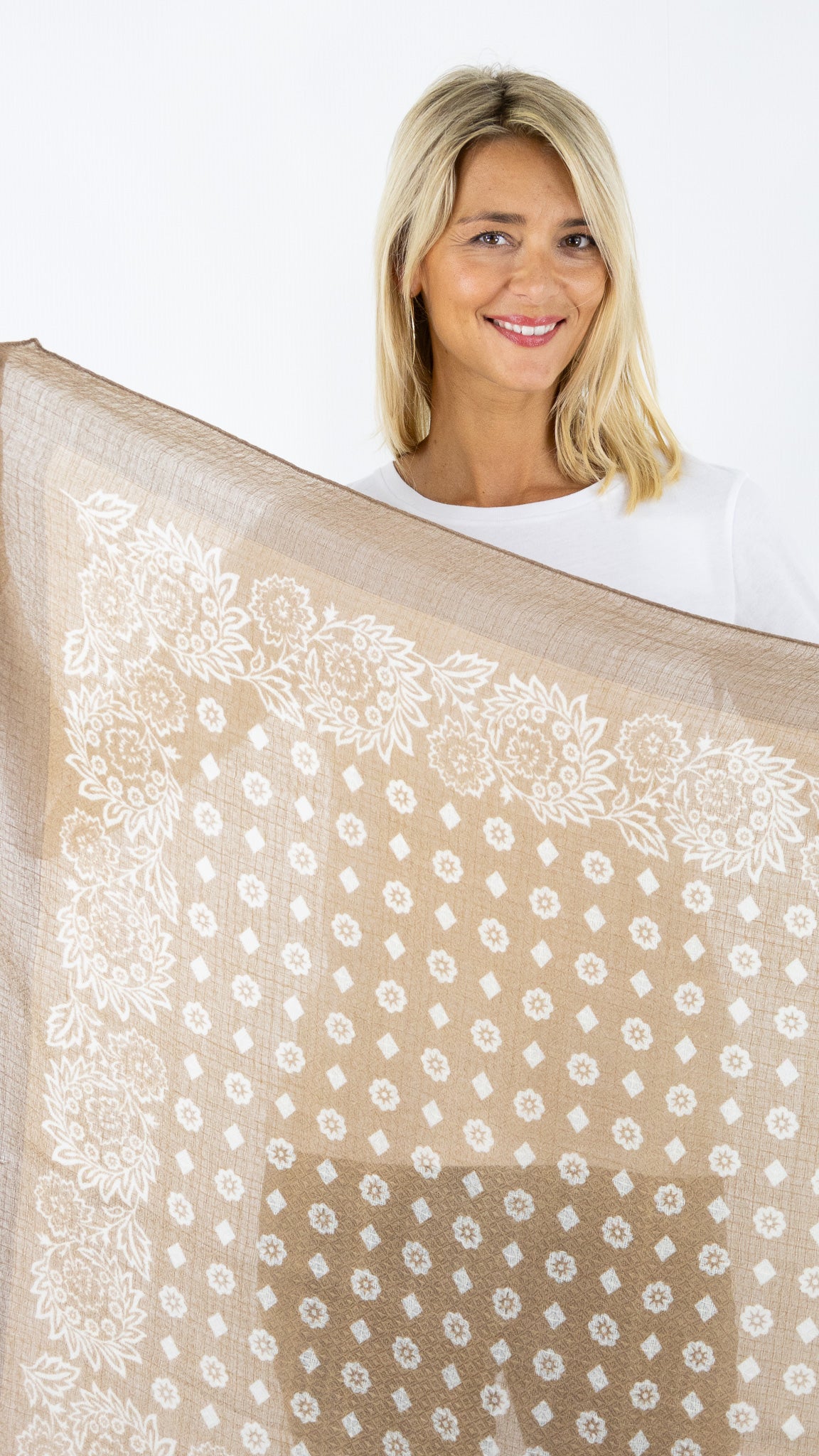 FOULARD FLEURI EN LAINE ET SOIE CAMEL PABLO RENELLE