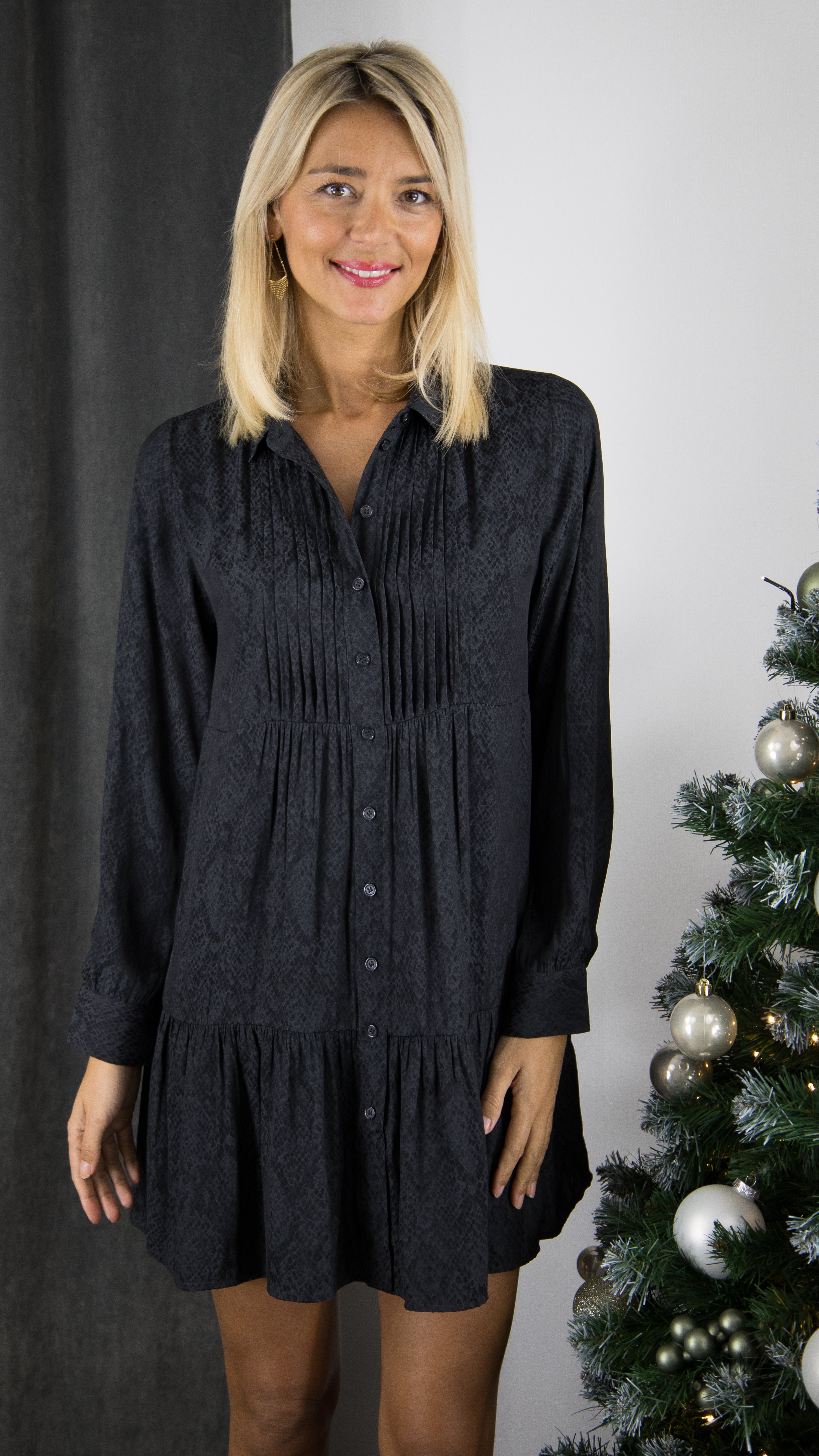 ROBE EVASEE VOLANTEE IMPRIME REPTILE NOIR BA&SH ROSYNA