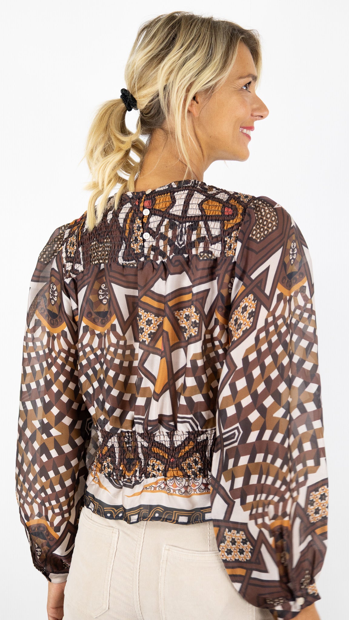 BLOUSE SMOCKEE IMPRIME ETHNIQUE MARRON FEMME FLUIDE AN'GE SALVAT