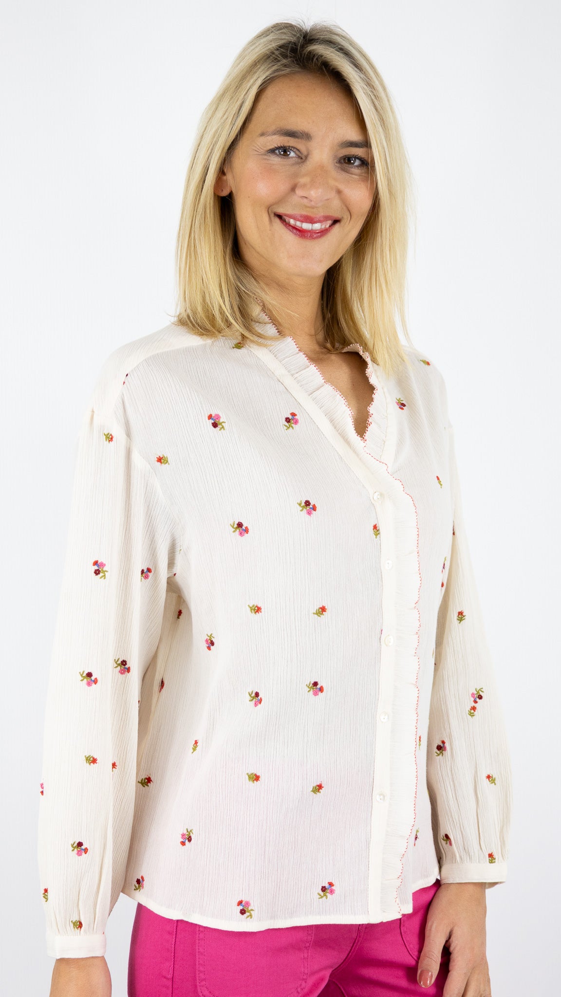 BLOUSE EN CREPE DE COTON VOLANTEE ET BRODEE ECRU ROSE  DES PETITS HAUTS SINA