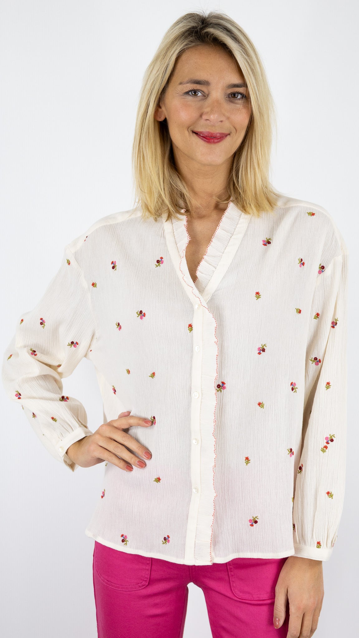 BLOUSE EN CREPE DE COTON VOLANTEE ET BRODEE ECRU ROSE  DES PETITS HAUTS SINA