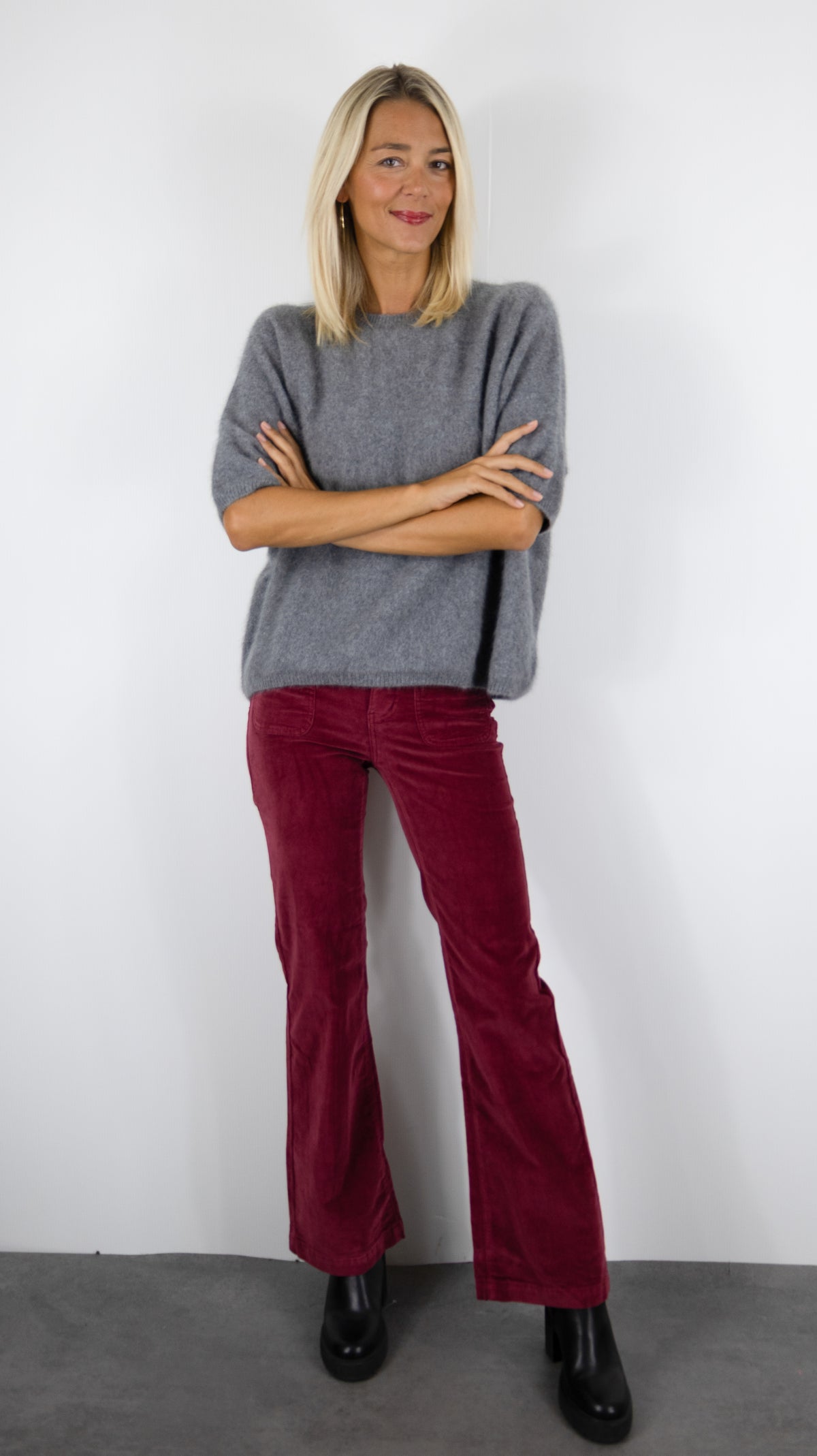 PULL AMPLE COL ROND MANCHES COURTES EN RACCOON POUR FEMME ESTHEME JF4W059R-1#COLOR_56202/HIBOU GRIS