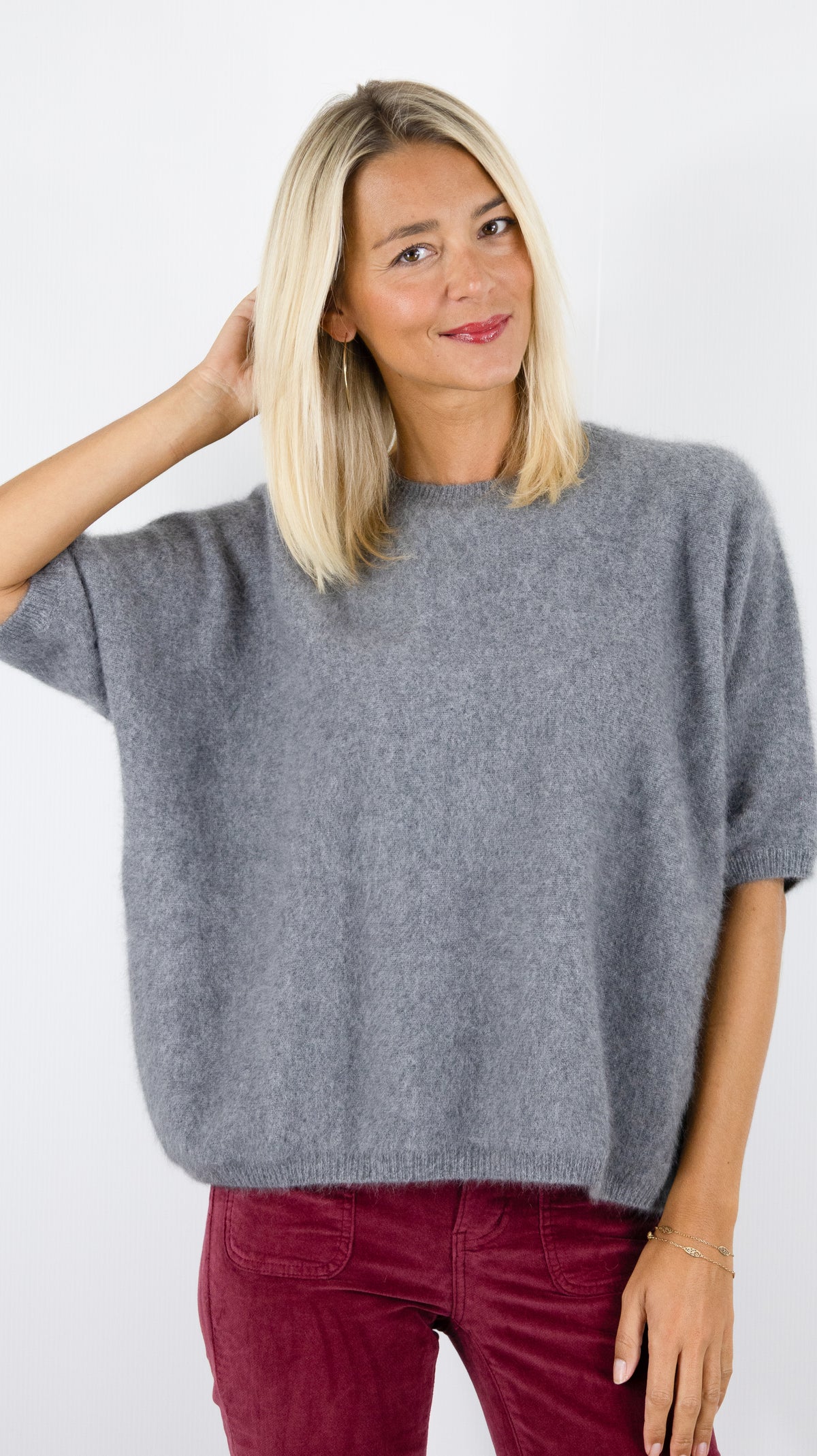 PULL AMPLE COL ROND MANCHES COURTES EN RACCOON POUR FEMME ESTHEME JF4W059R-1#COLOR_56202/HIBOU GRIS