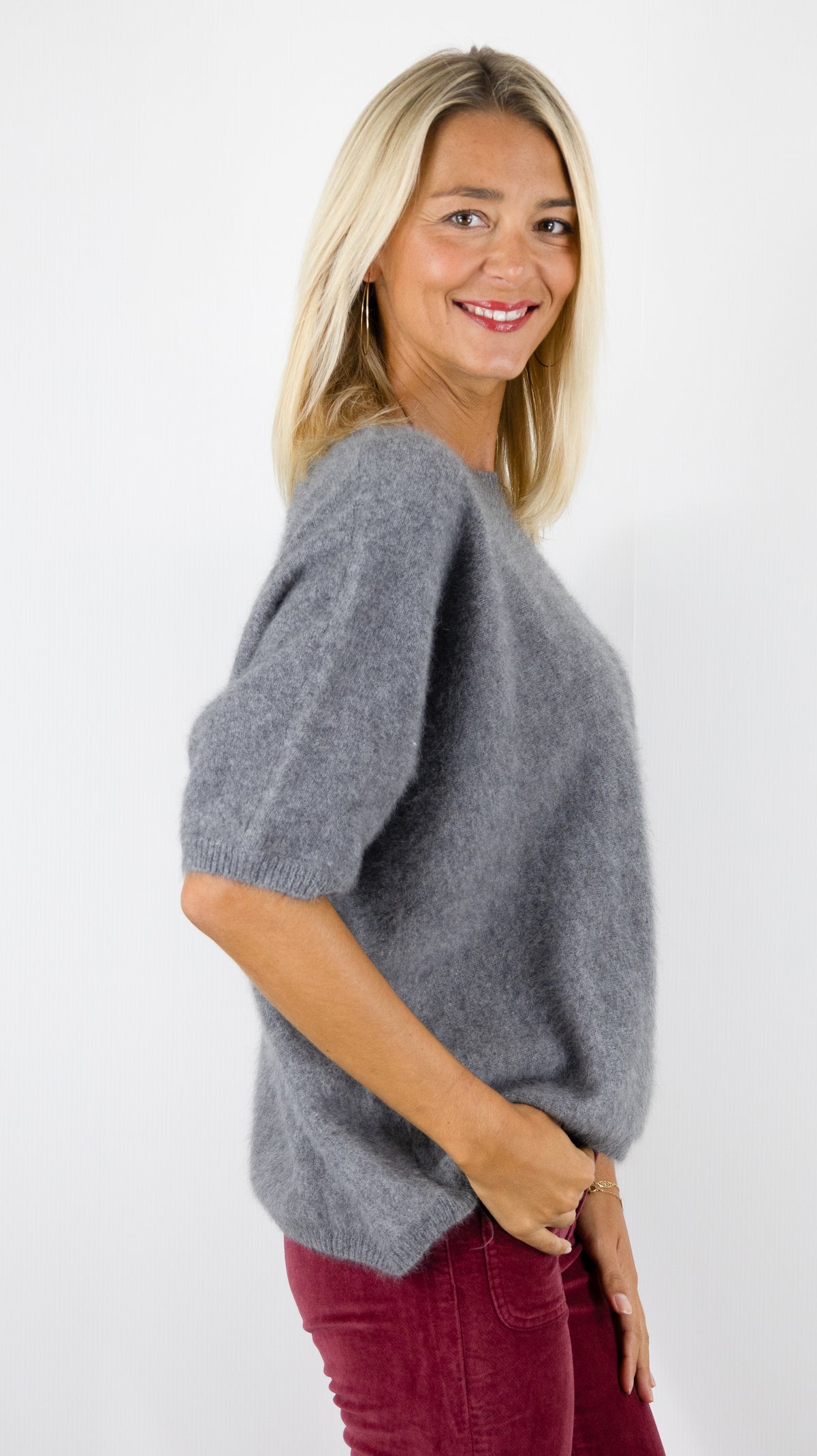PULL AMPLE COL ROND MANCHES COURTES EN RACCOON POUR FEMME ESTHEME JF4W059R-1#COLOR_56202/HIBOU GRIS