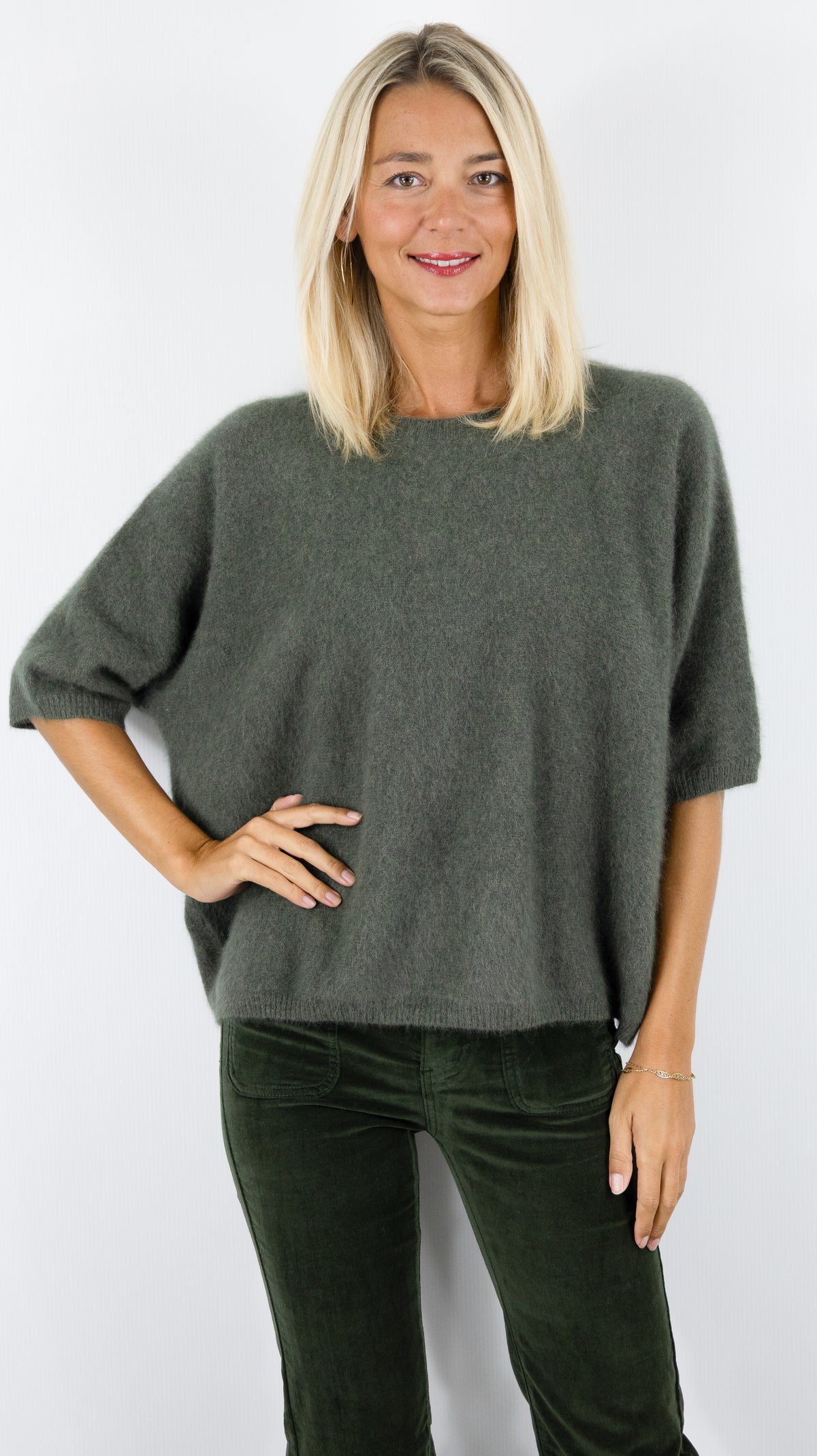 PULL AMPLE COL ROND MANCHES COURTES EN RACCOON POUR FEMME ESTHEME JF4W059R-1#COLOR_2109/VEGETAL KAKI