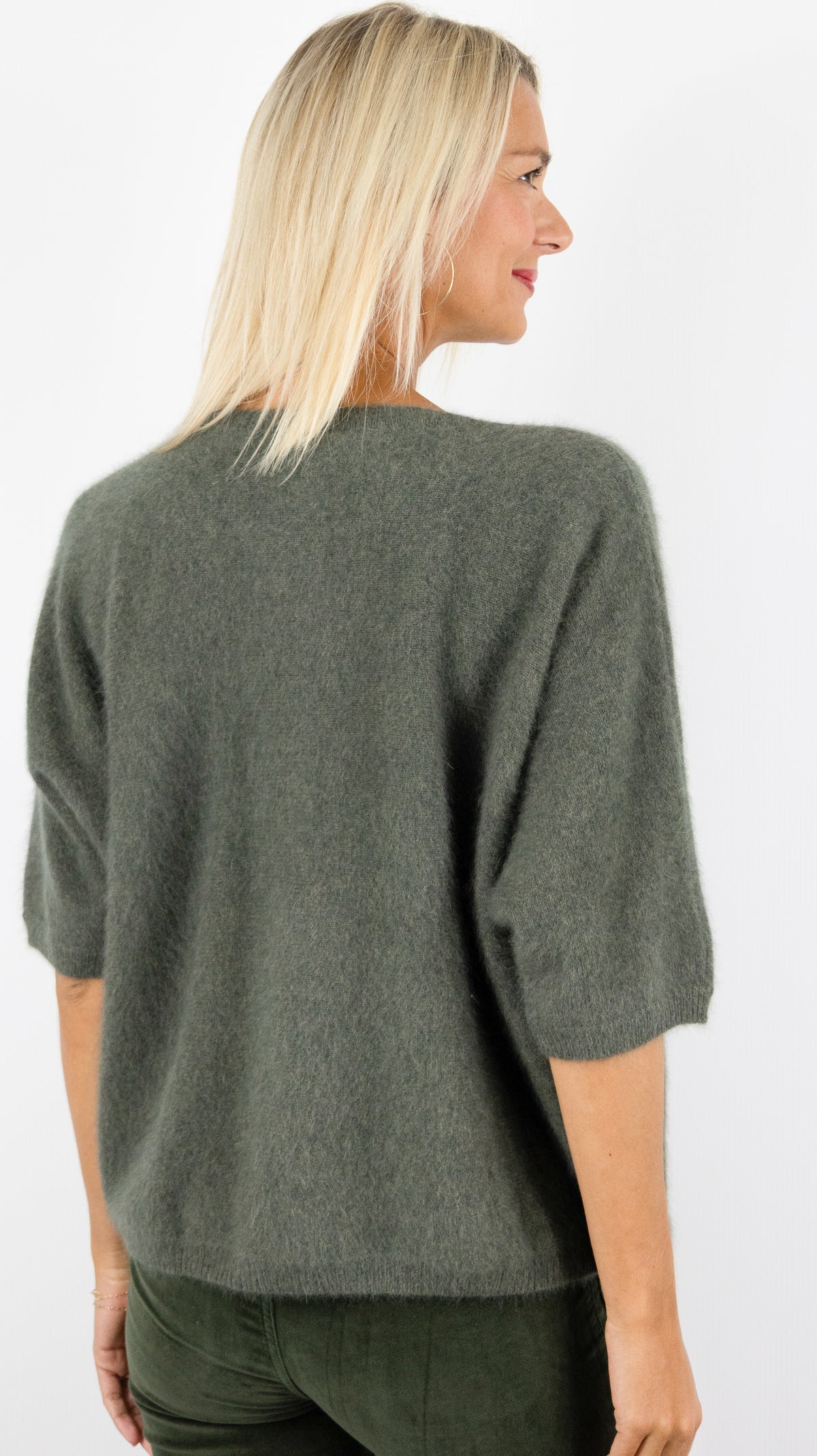 PULL AMPLE COL ROND MANCHES COURTES EN RACCOON POUR FEMME ESTHEME JF4W059R-1#COLOR_2109/VEGETAL KAKI