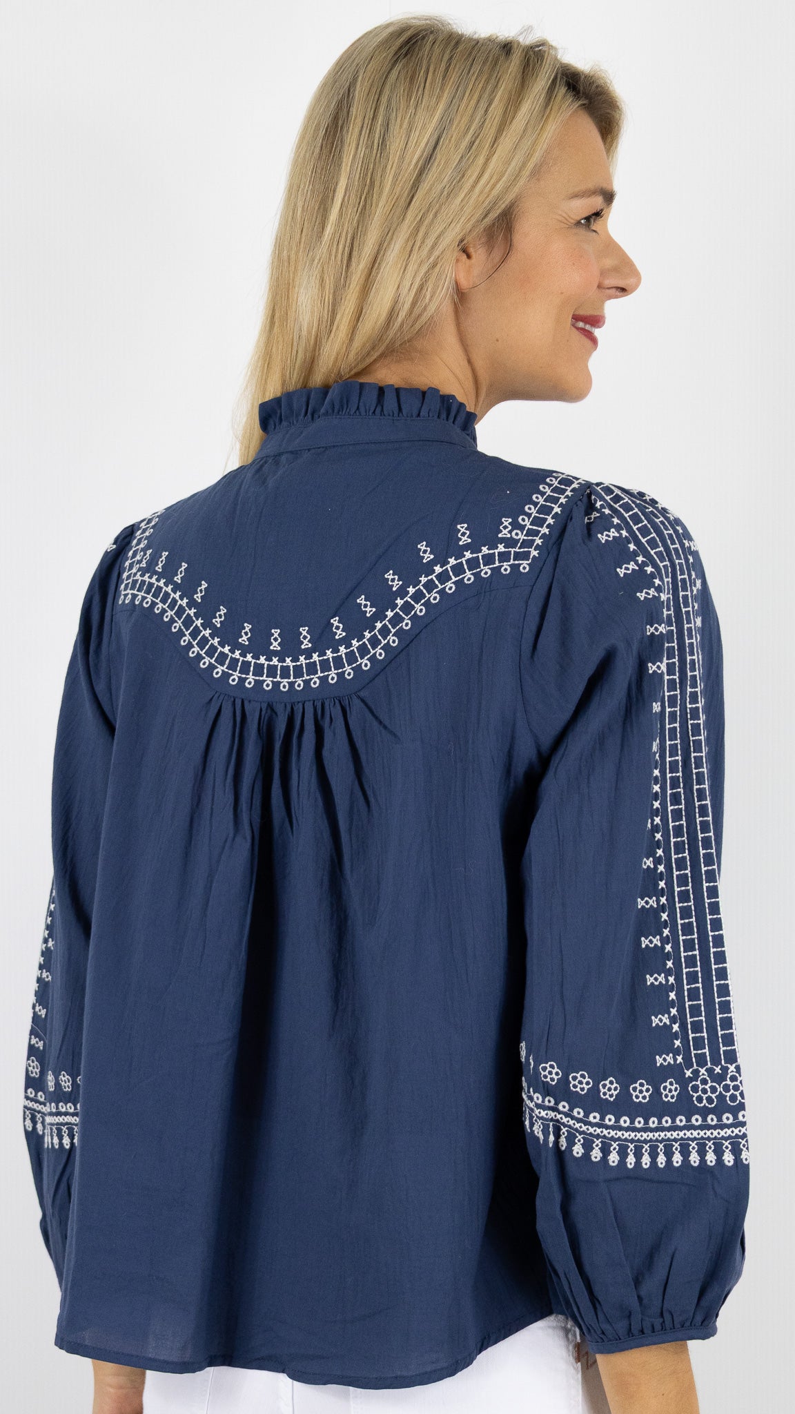 BLOUSE COL MONTANT VOLANTE BRODEE FEMME SW726 VOUS 020879#color_BLEU