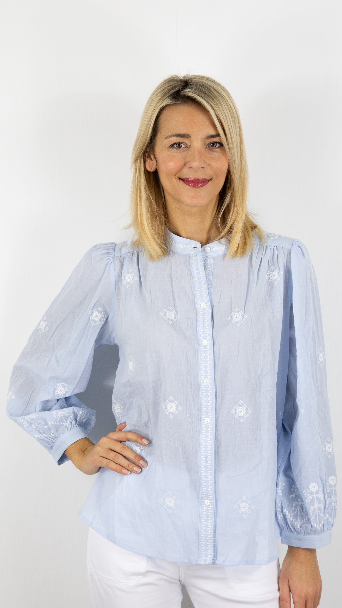 BLOUSE COL ROND IMPRIME BLEU CIEL SZ2611 VOUS