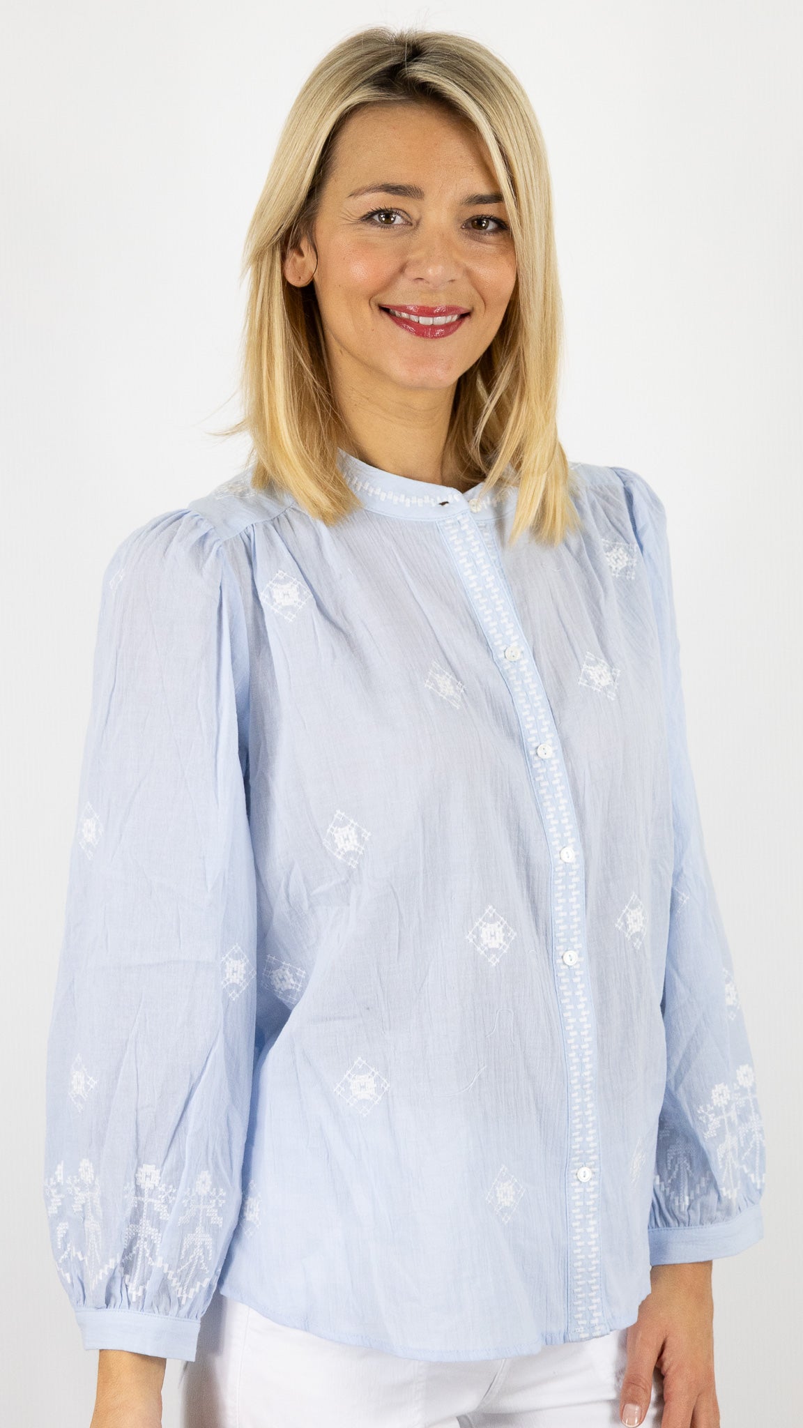 BLOUSE COL ROND IMPRIME BLEU CIEL SZ2611 VOUS