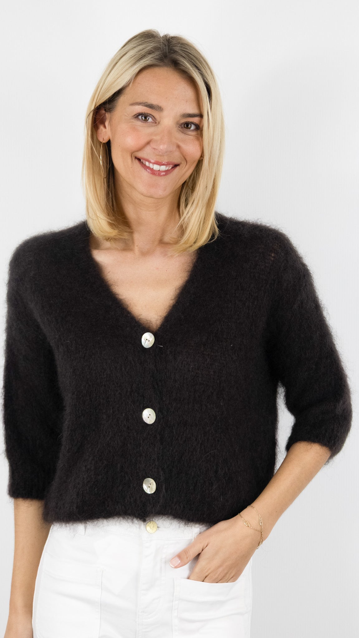 GILET COL V MANCHES 3/4 EN KID MOHAIR POUR FEMME NAIS 24233#COLOR_Choco