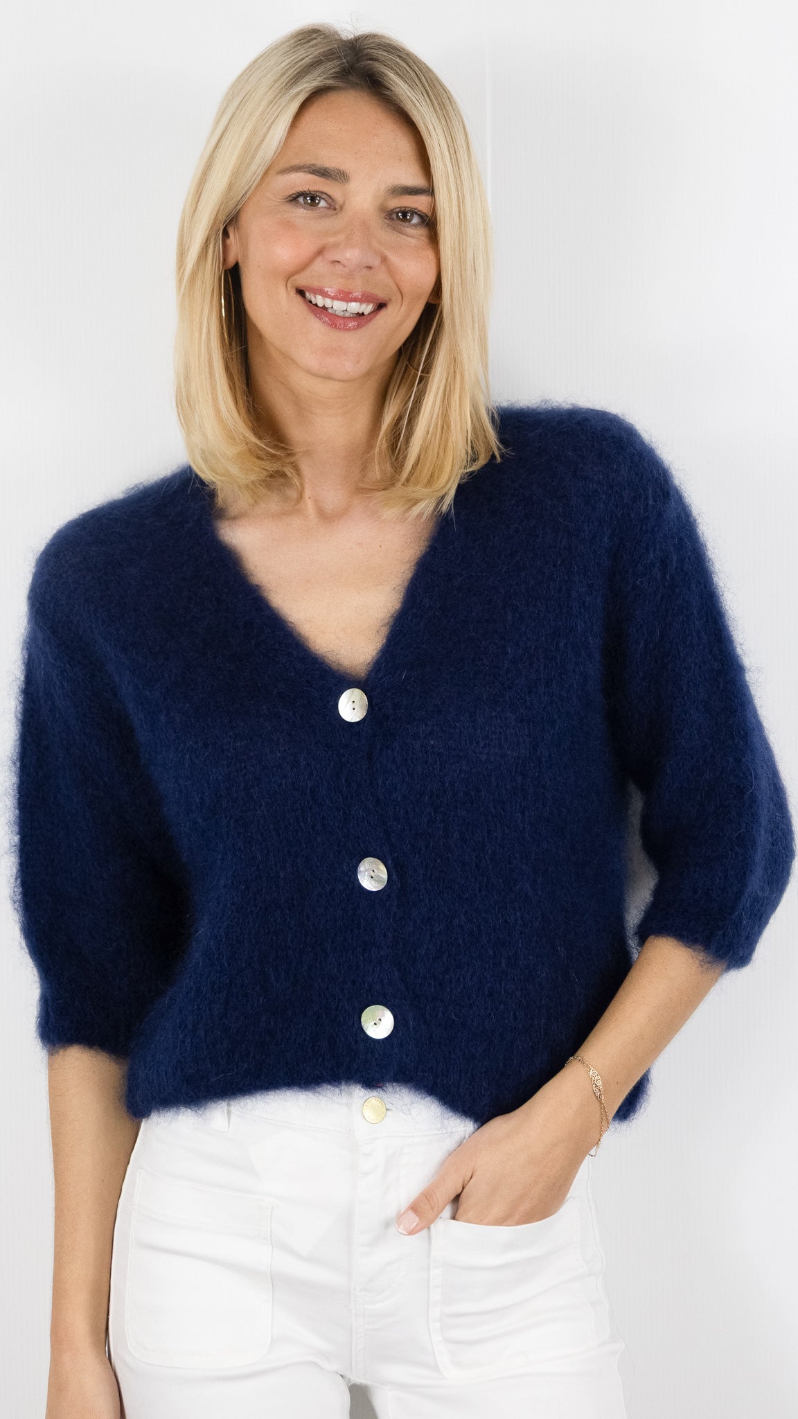 GILET COL V MANCHES 3/4 EN KID MOHAIR POUR FEMME NAIS 24233#COLOR_Marine