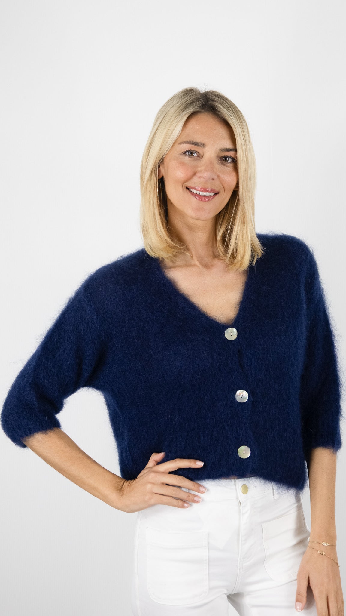 GILET COL V MANCHES 3/4 EN KID MOHAIR POUR FEMME NAIS 24233#COLOR_Marine