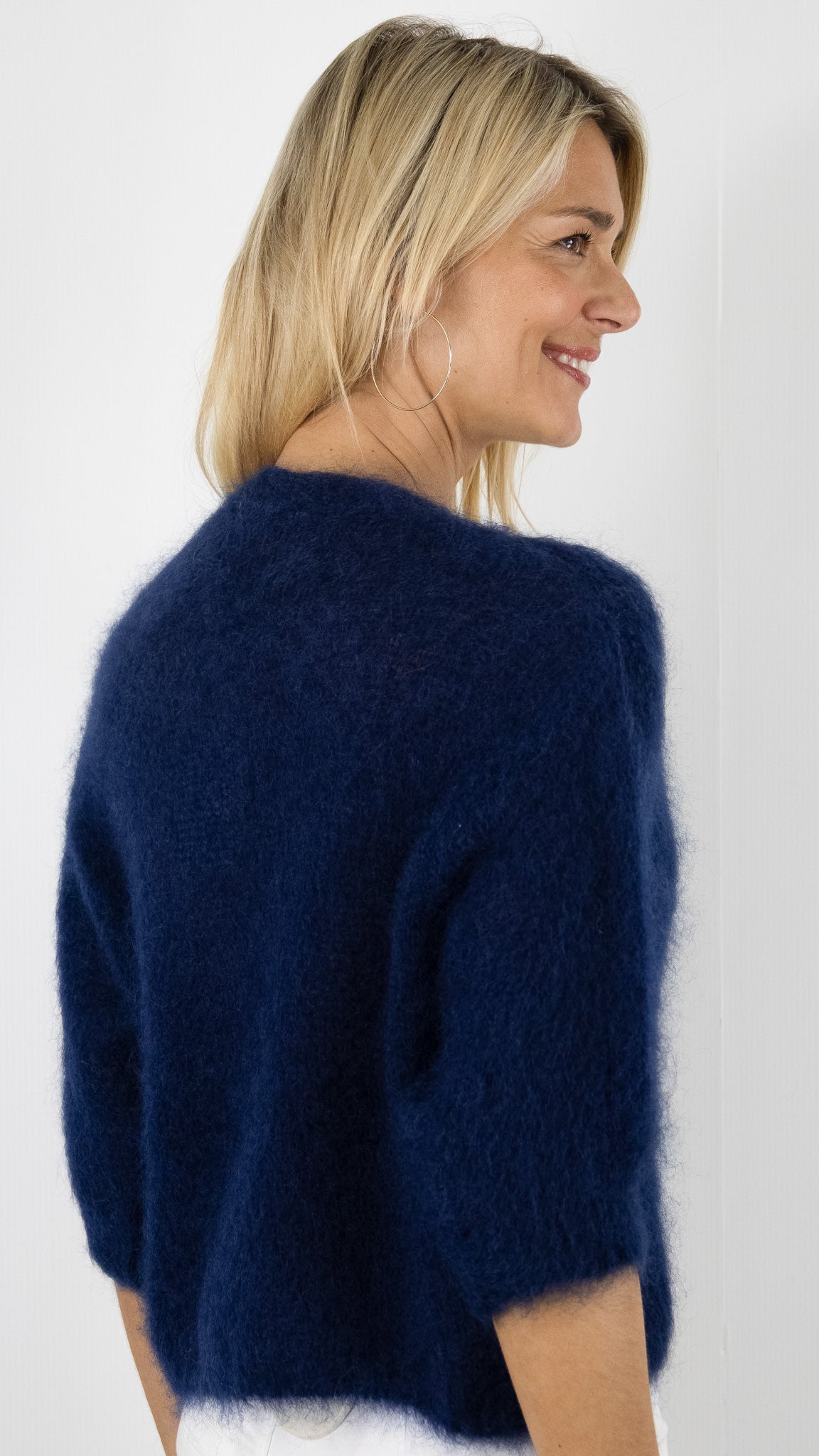 GILET COL V MANCHES 3/4 EN KID MOHAIR POUR FEMME NAIS 24233#COLOR_Marine