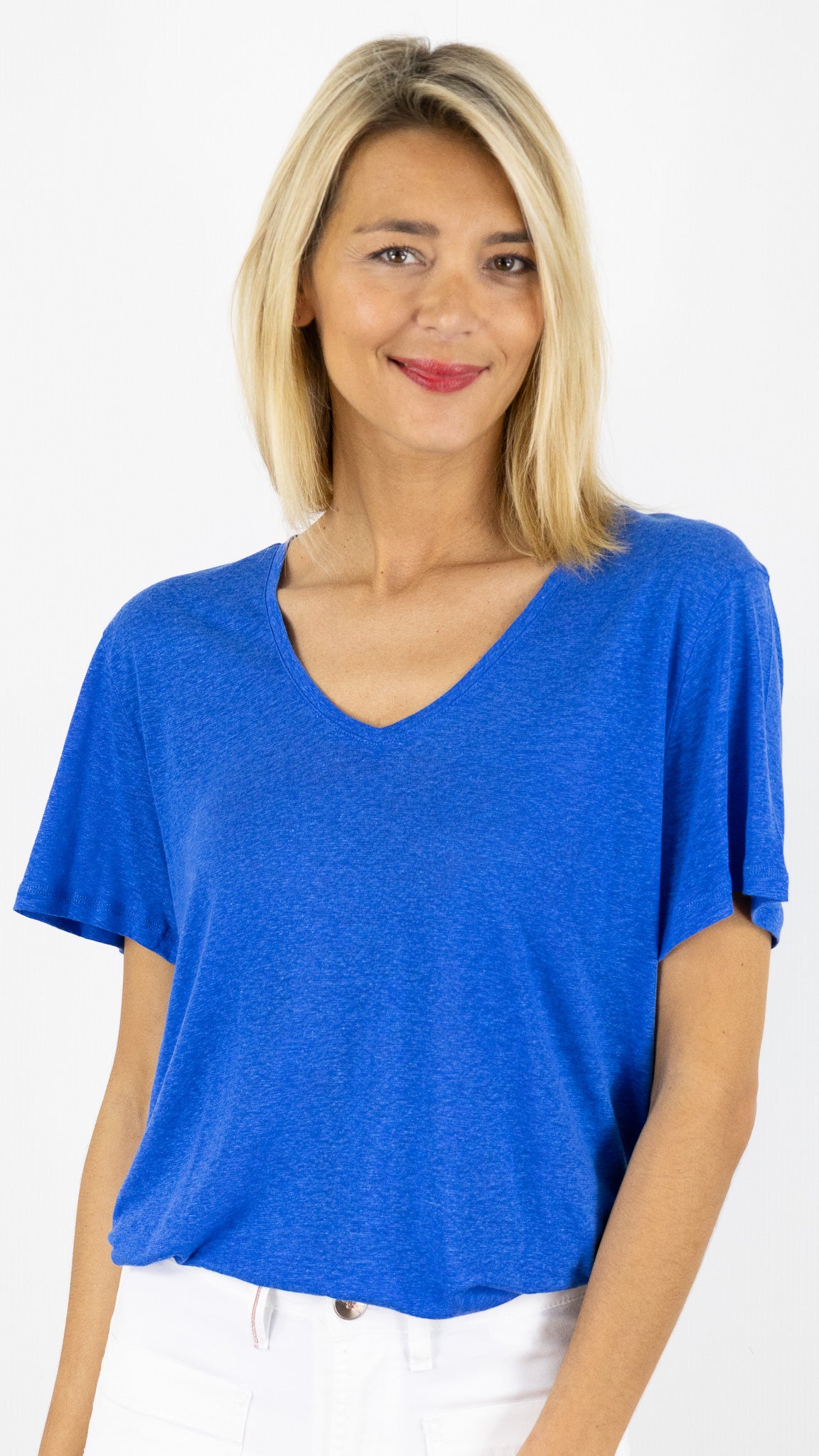 TEE-SHIRT COL V EN LIN LA PETITE ETOILE THANA#COLOR_20/BLEU