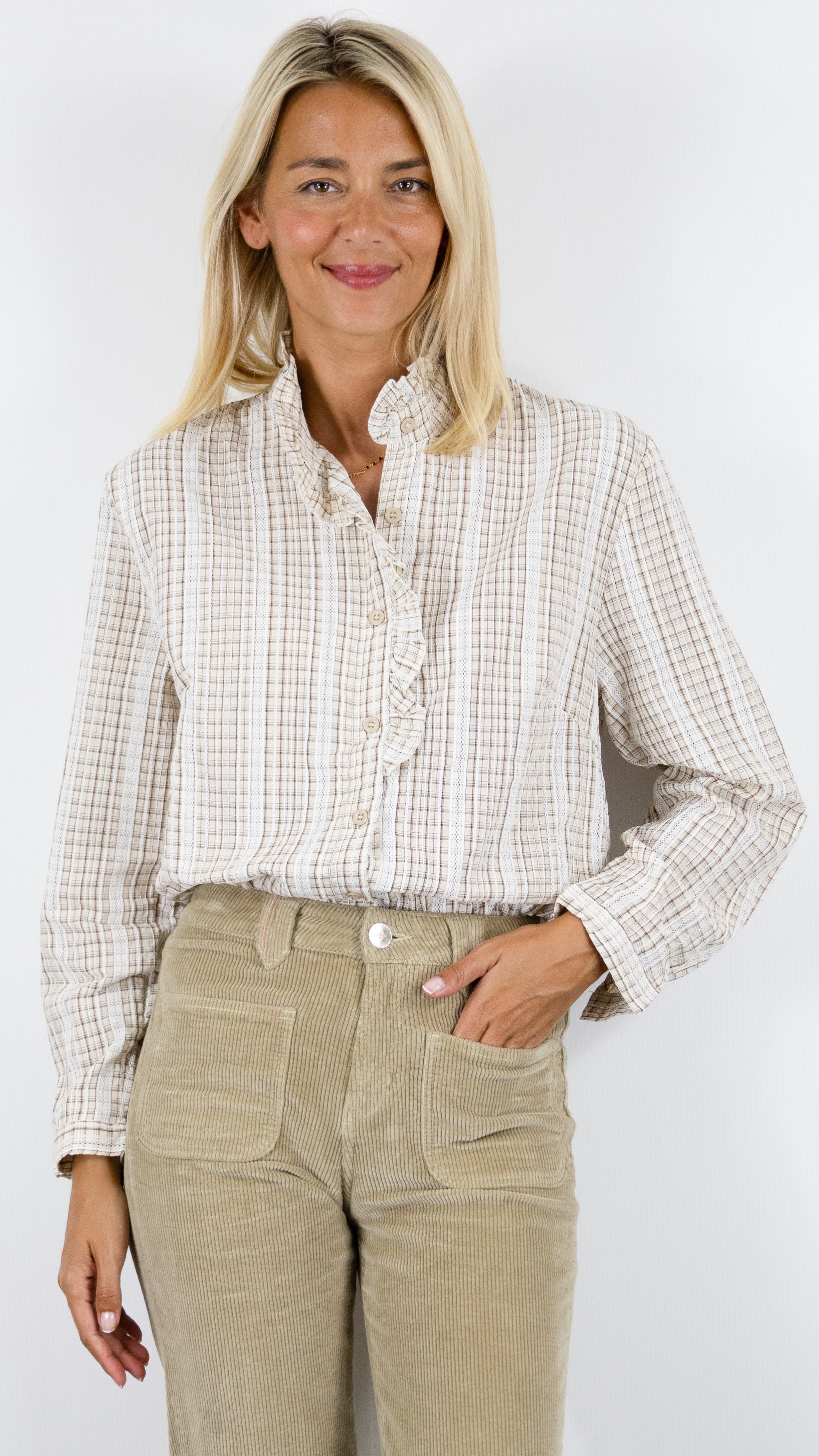 BLOUSE ECOSSAISE VOLANTEE MARRON POUR FEMME CHRISTY F662-3 