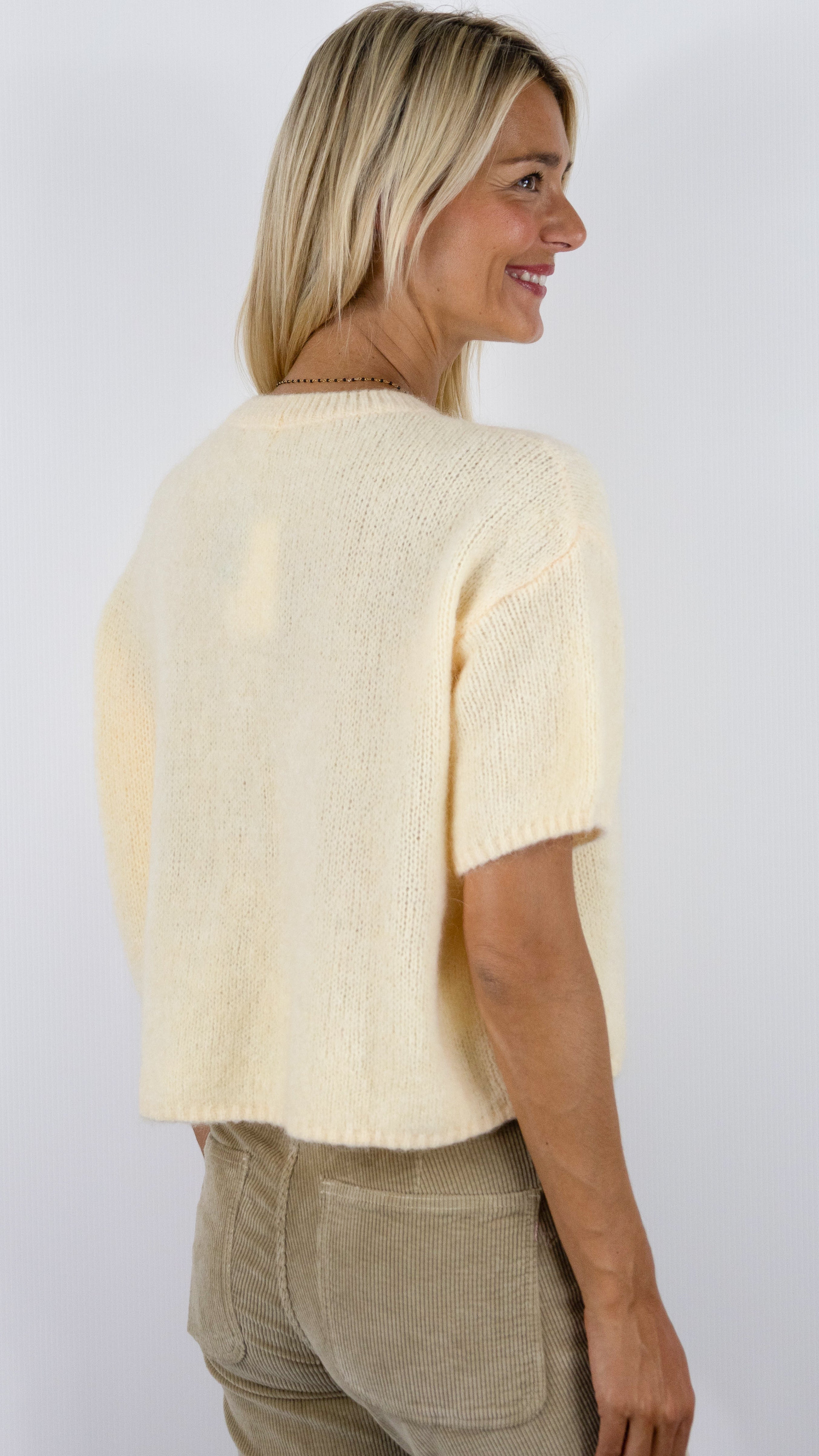 CARDIGAN COURT MANCHES COURTES EN KID MOHAIR POUR FEMME NAIS KM25037#COLOR_JAUNE/VANILLE