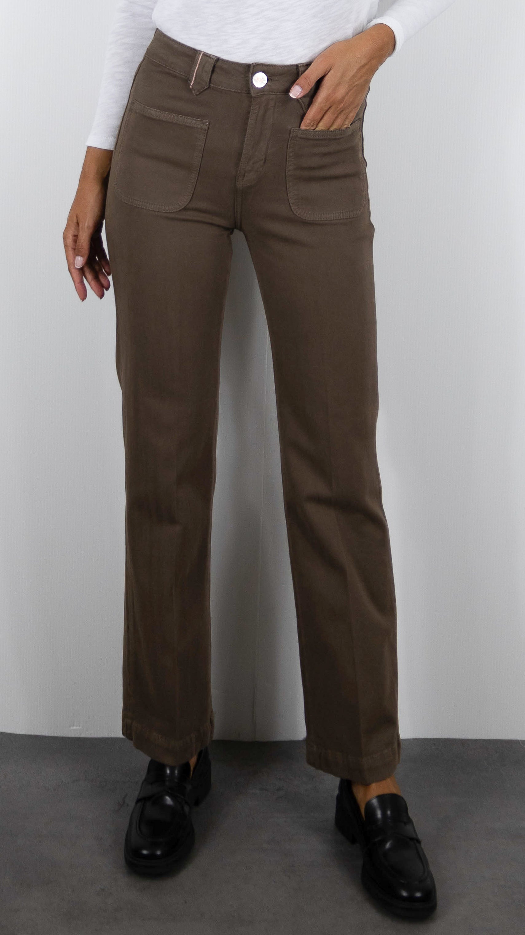 PANTALON droit taille haute pour femme ISLOW TINA SOFT DRILL#COLOR_CUIR/MARRON CLAIR 