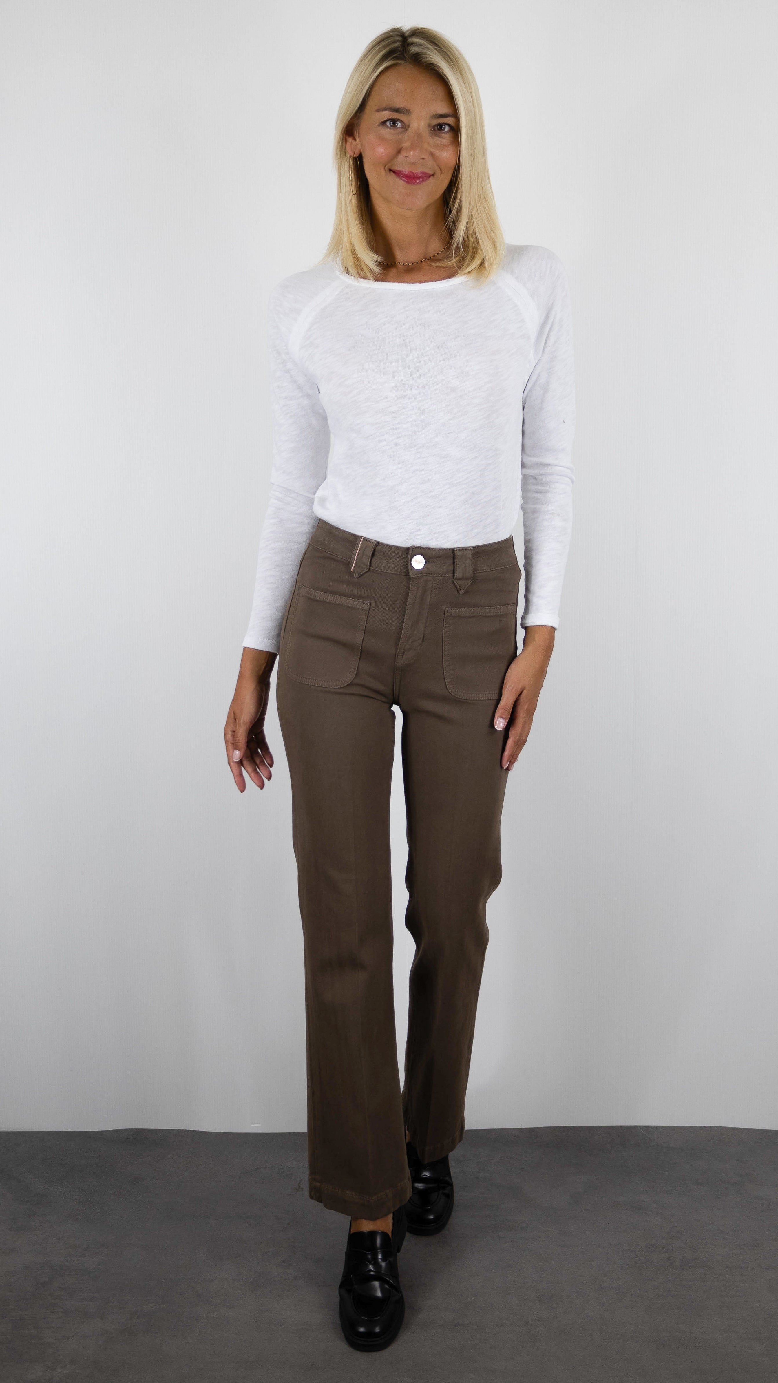 PANTALON droit taille haute pour femme ISLOW TINA SOFT DRILL#COLOR_CUIR/MARRON CLAIR 
