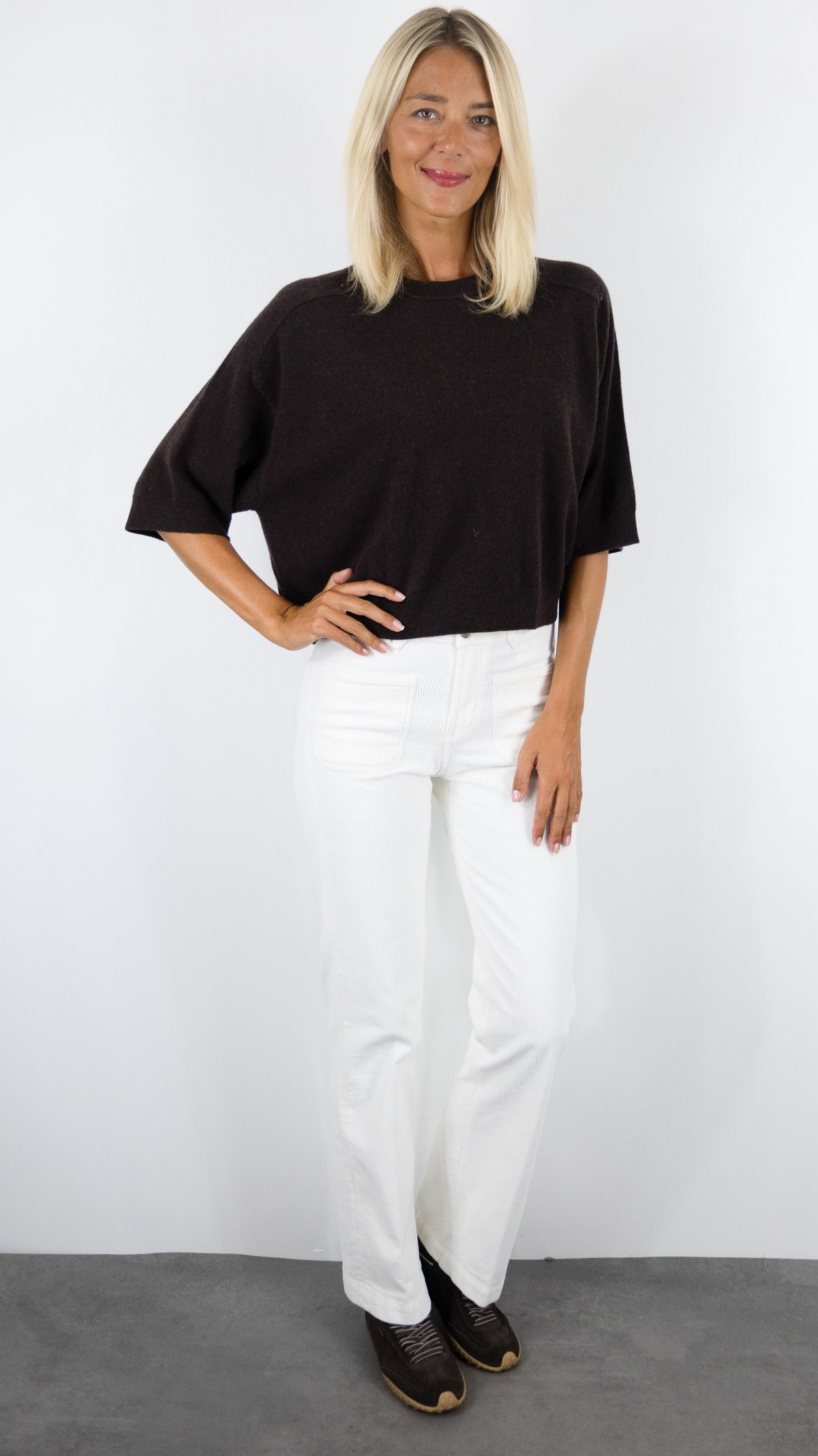 PULL COURT COL ROND MANCHES COURTES FEMME LILOU NOTSHY#COLOR_CHOCO