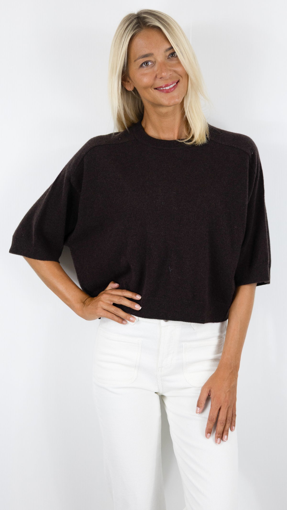 PULL COURT COL ROND MANCHES COURTES FEMME LILOU NOTSHY#COLOR_CHOCO