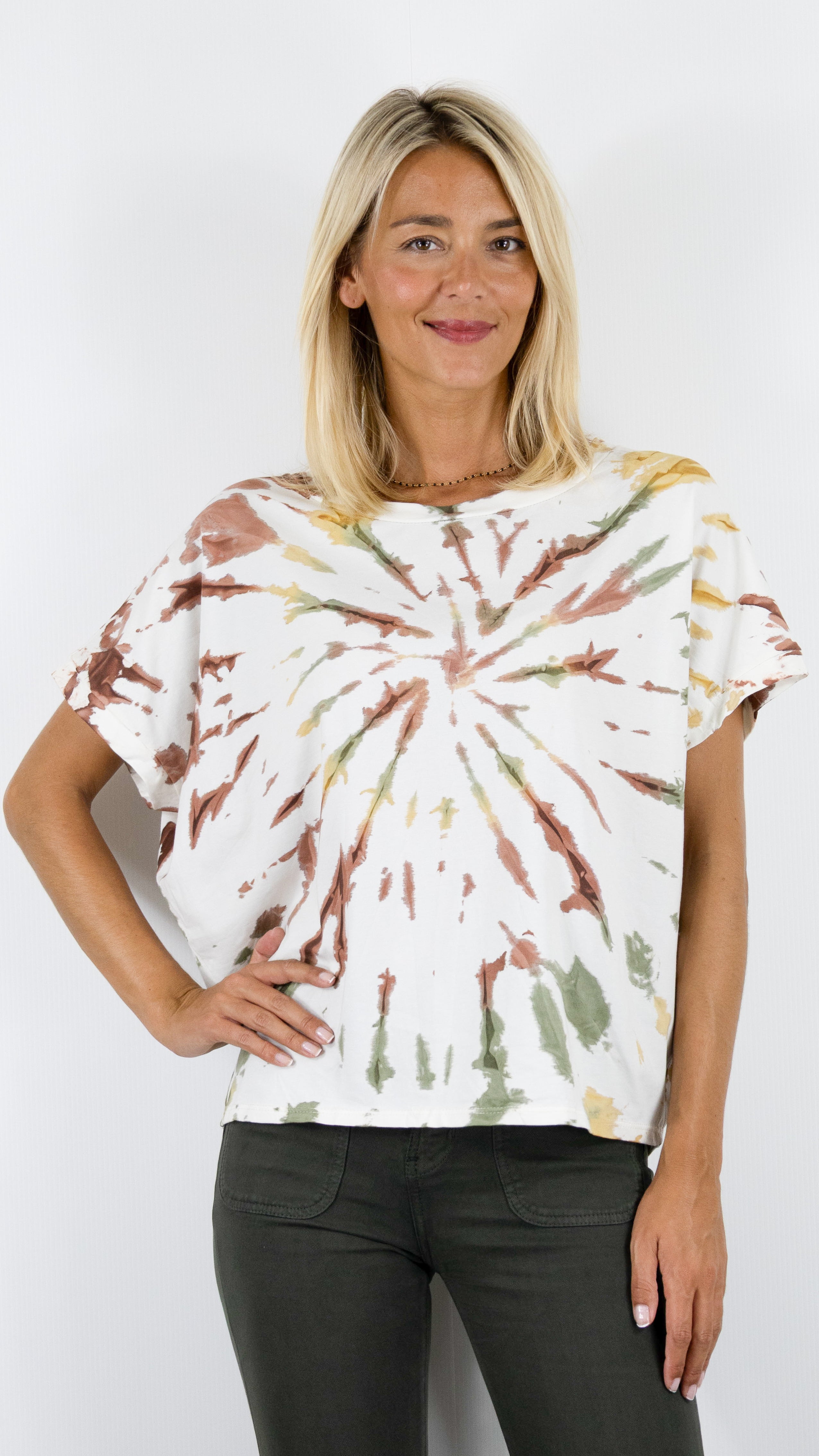 TEE-SHIRT IMPRIME TIE AND DYE EN COTON POUR FEMME LUK AP LK7786 ZR H27#COLOR_CHOCO/OCRE