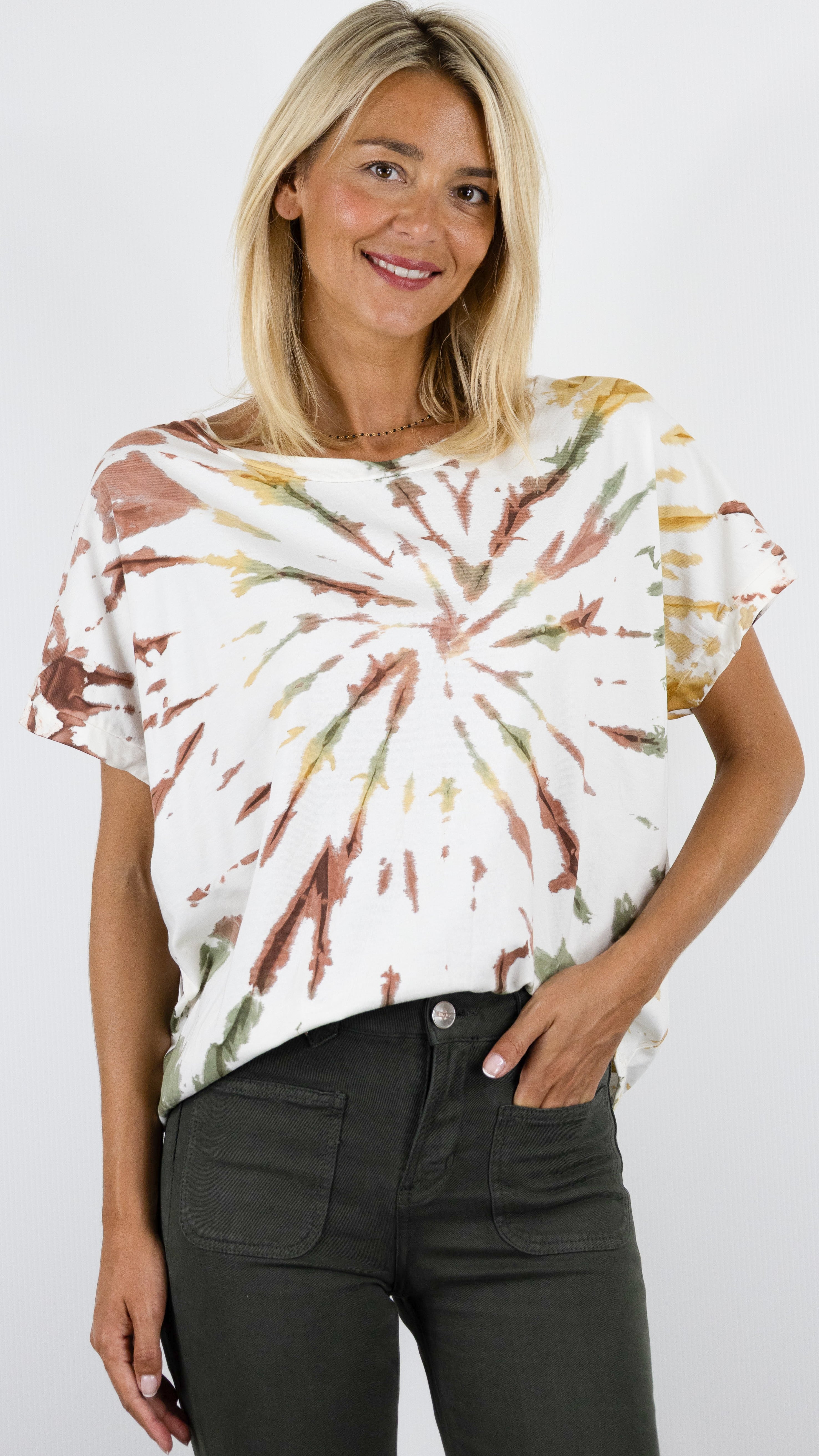 TEE-SHIRT IMPRIME TIE AND DYE EN COTON POUR FEMME LUK AP LK7786 ZR H27#COLOR_CHOCO/OCRE