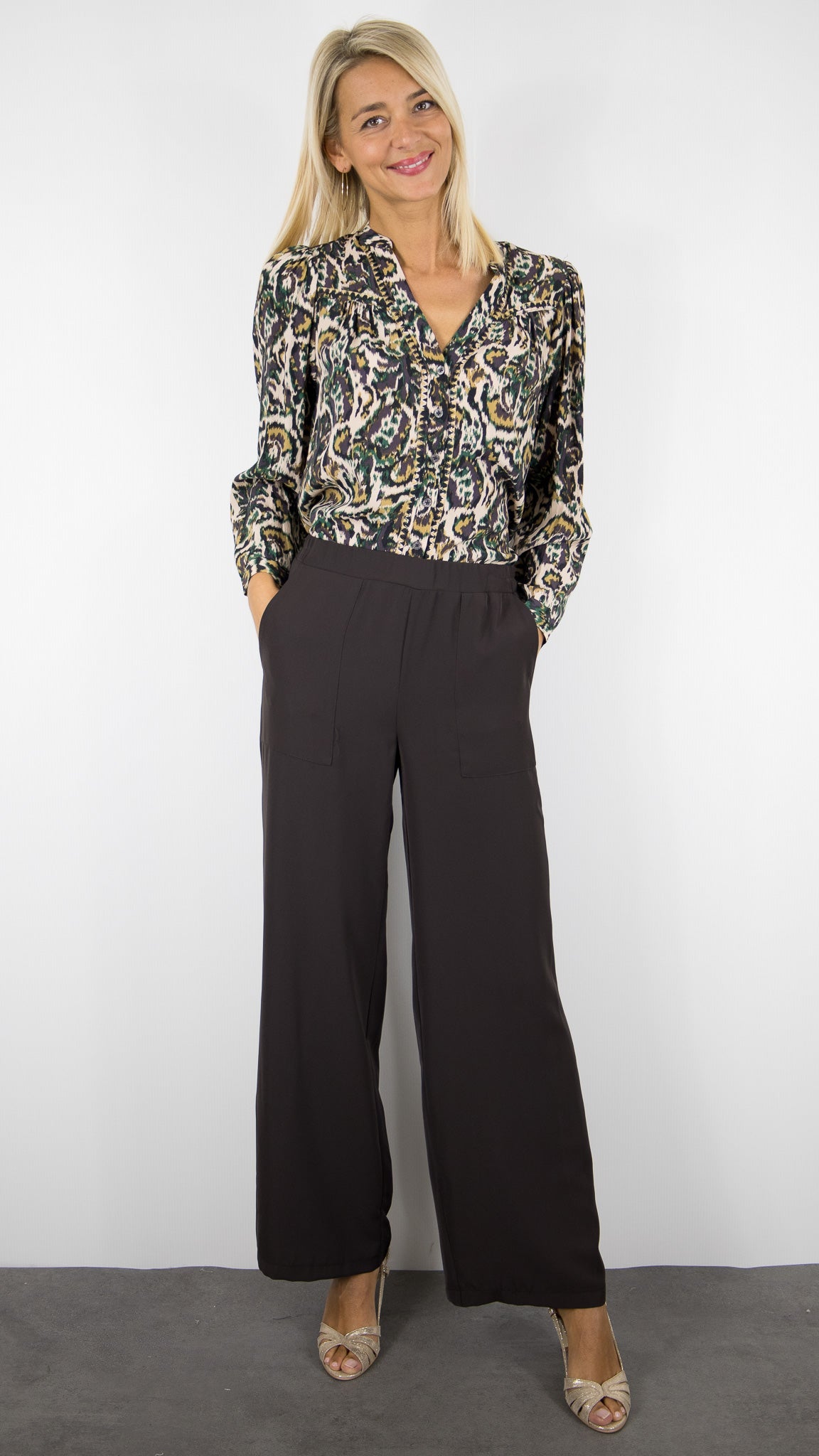 PANTALON LARGE TAILLE DOS ELASTIQUE  EMA BLUE'S TYMO/KELLY#COLOR_CHOCO
