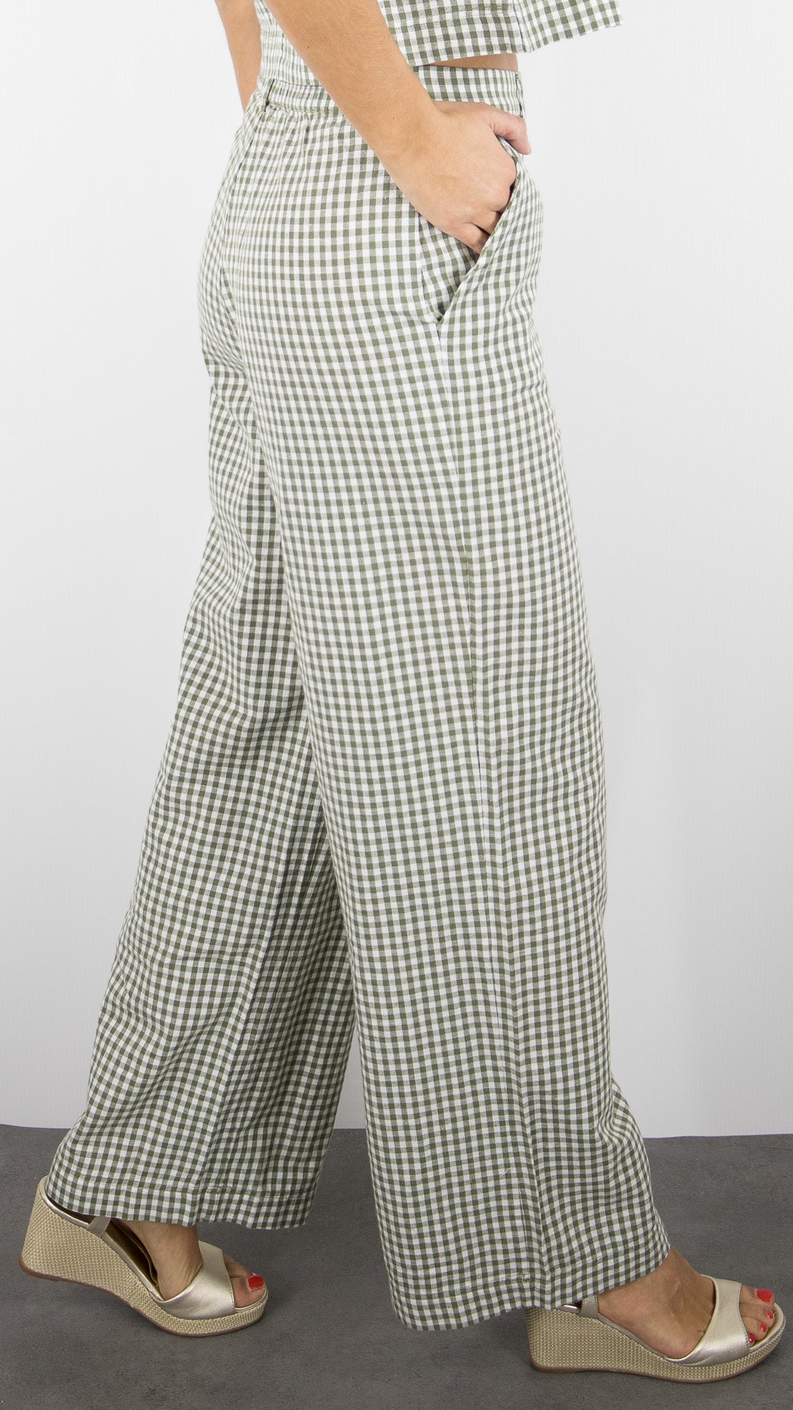 PANTALON EVASE VICHY VERT KAKI ECRU DES PETITS HAUTS UGUETA 