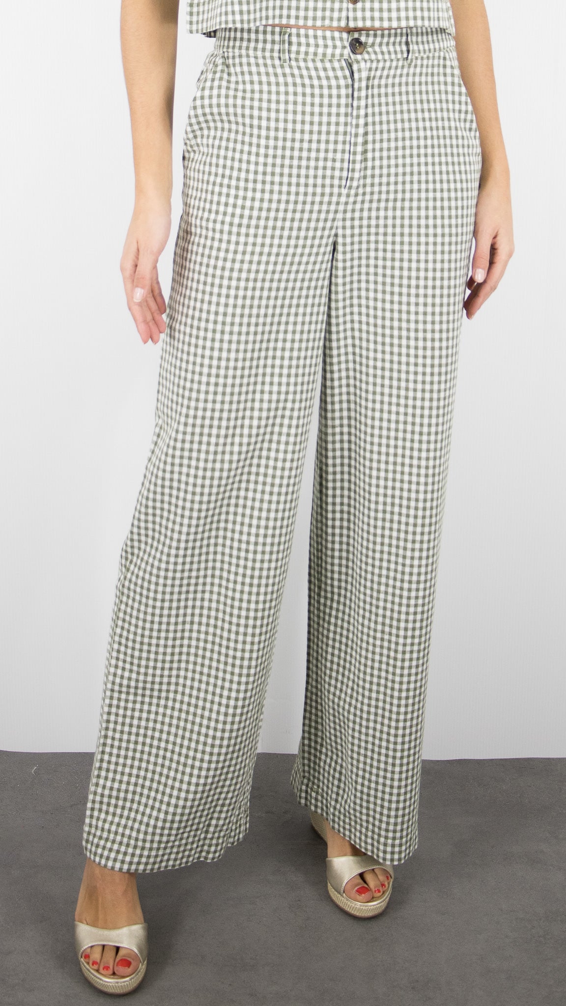 PANTALON EVASE VICHY VERT KAKI ECRU DES PETITS HAUTS UGUETA 