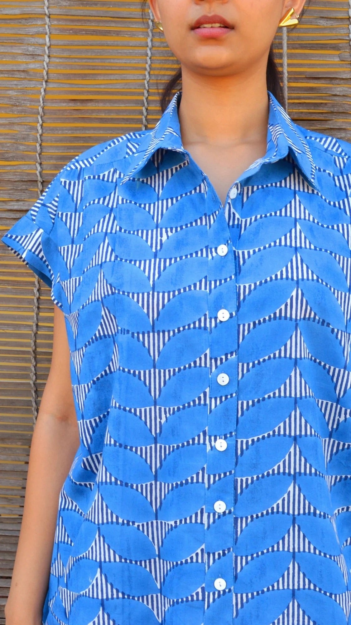 ROBE COL CHEMISE MANCHES COURTES IMPRIME EN COTON ZEN ETHIC VR6161#COLOR_BLUE