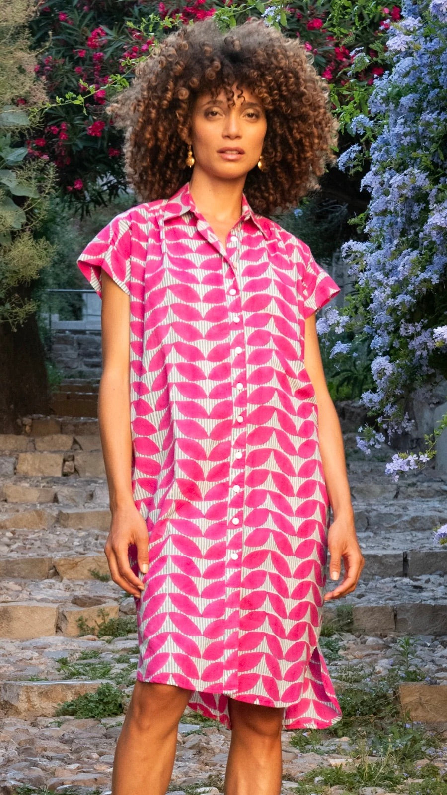 ROBE COL CHEMISE MANCHES COURTES IMPRIME EN COTON ZEN ETHIC VR6161#COLOR_PINK/FUSHIA