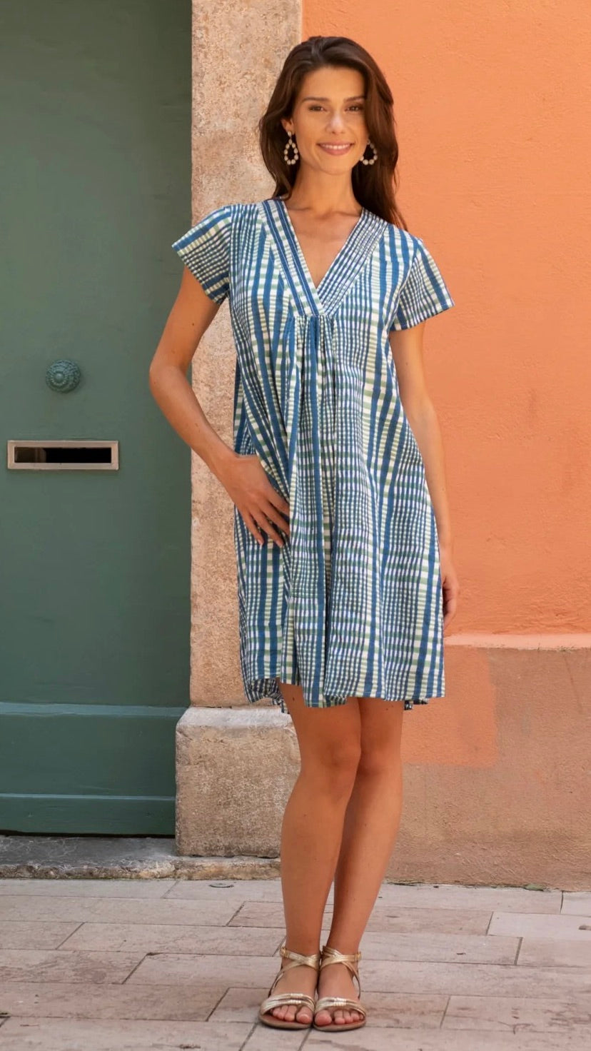 ROBE ECOSSAISE COL V MANCHES COURTES BLEU ZEN ETHIC VR6320 