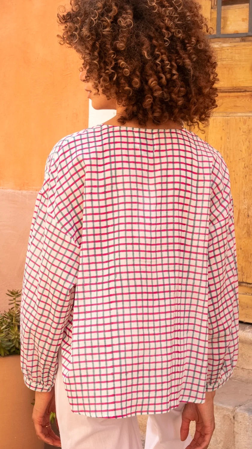 BLOUSE AMPLE ECOSSAISE EN COTON ZEN ETHIC VT6137#color_GREEN/PINK