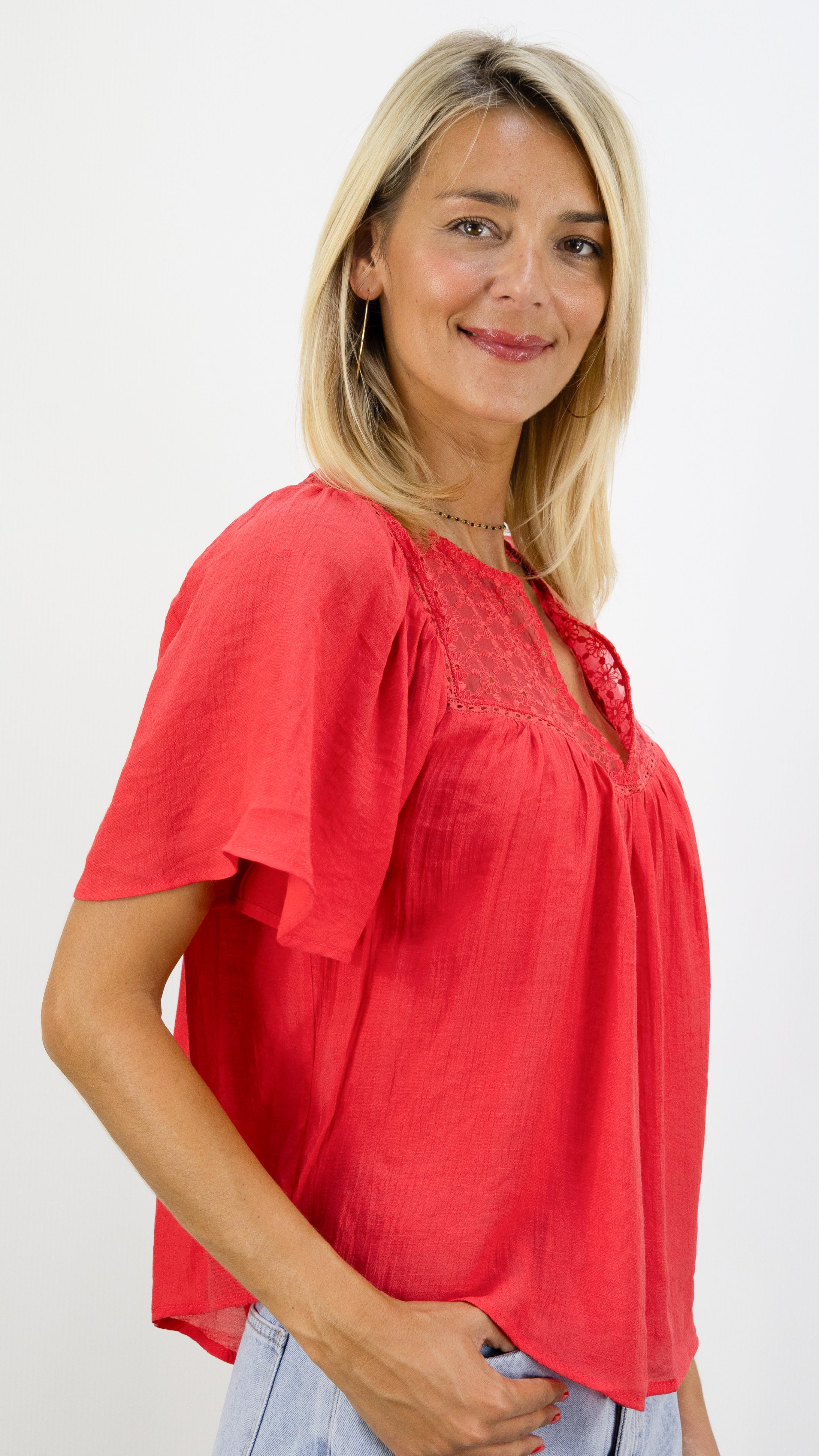 BLOUSE EN DENTELLE CORAIL FLUIDE YCOO 30479B