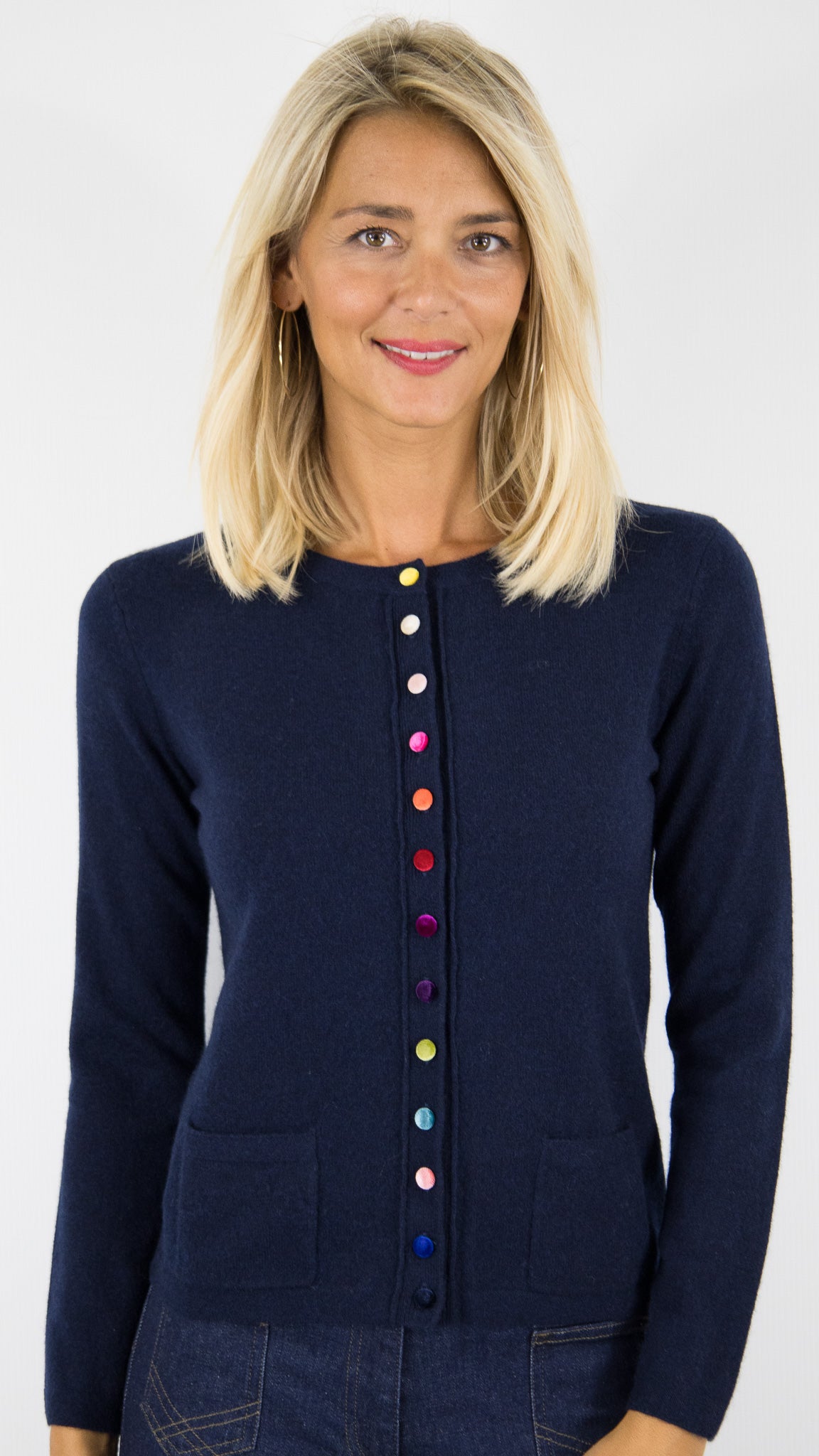 CARDIGAN BLEU NUIT EN CACHEMIRE AVEC BOUTONS VELOURS COLORES  ESTHEME WES24A40H
