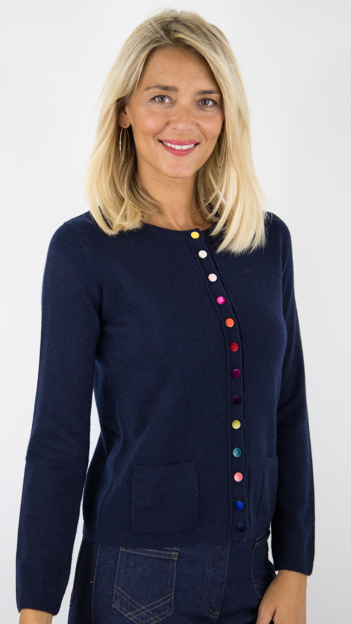 CARDIGAN BLEU NUIT EN CACHEMIRE AVEC BOUTONS VELOURS COLORES  ESTHEME WES24A40H